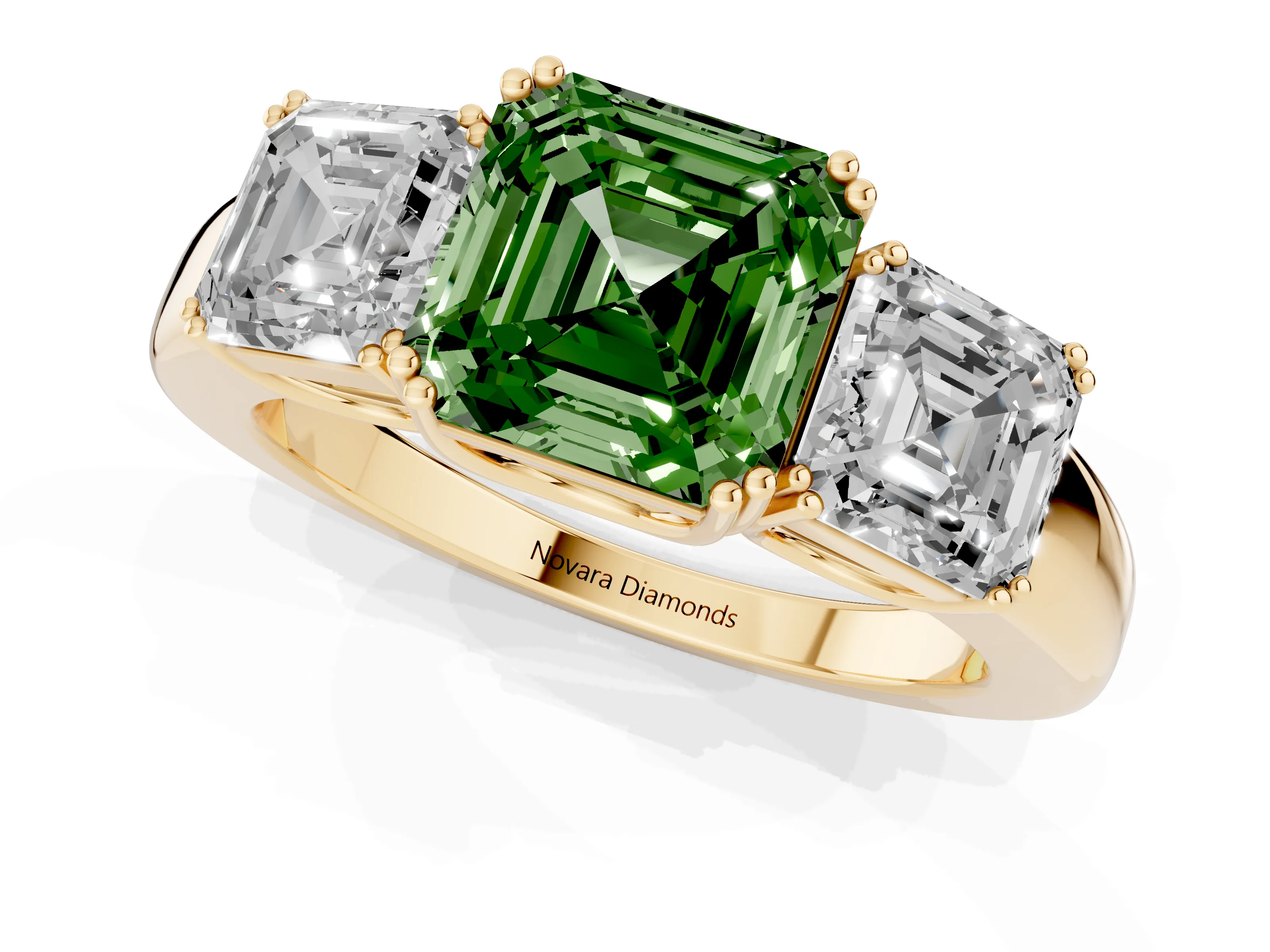 Fancy Green Asscher Cut Diamond Three-Stone Ring Set in Yellow gold with Polished Band and Prong Setting