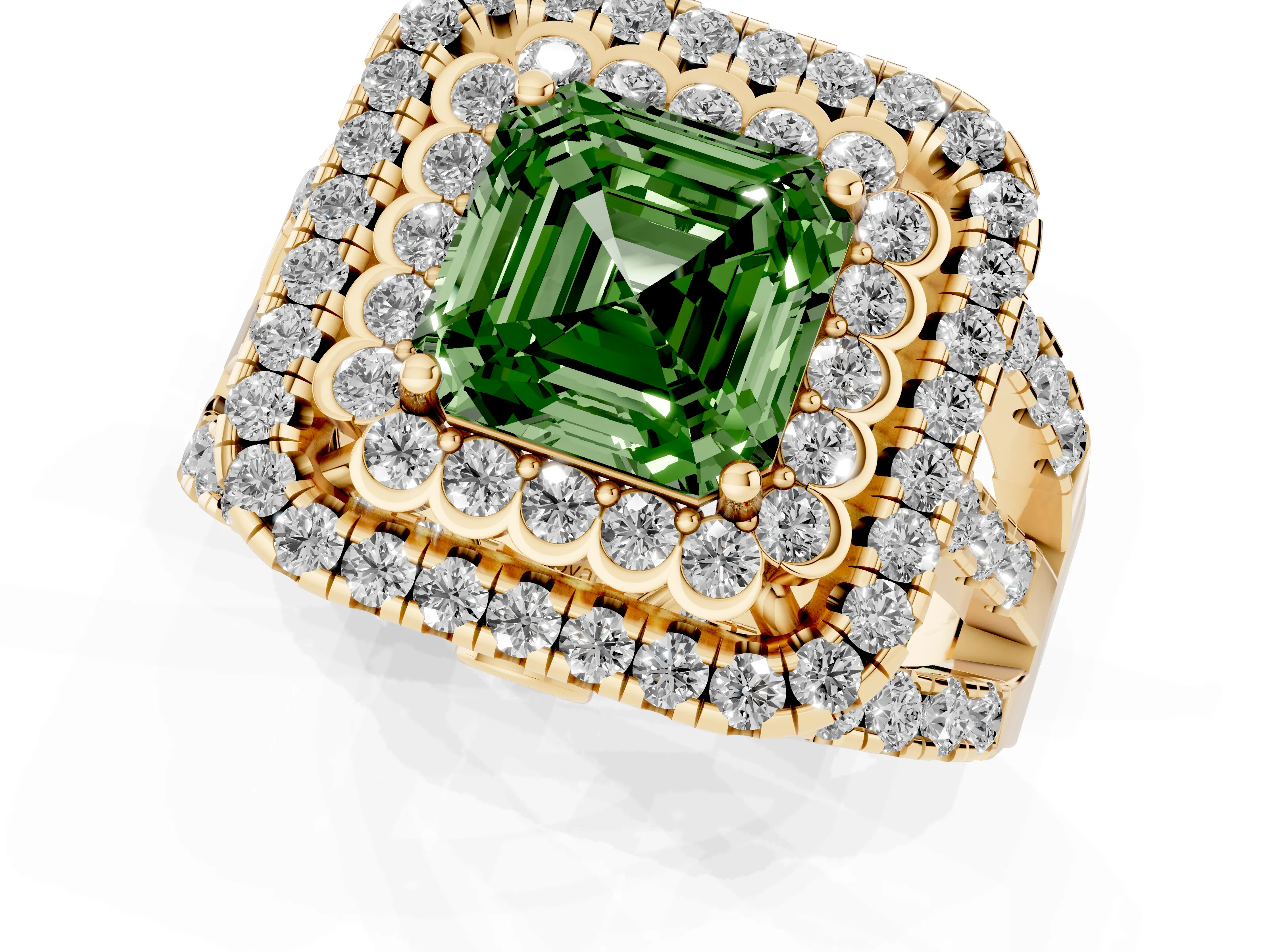 Fancy Green Asscher Cut Diamond Double Halo Ring Set in Yellow gold with Round Pavé Split Shank