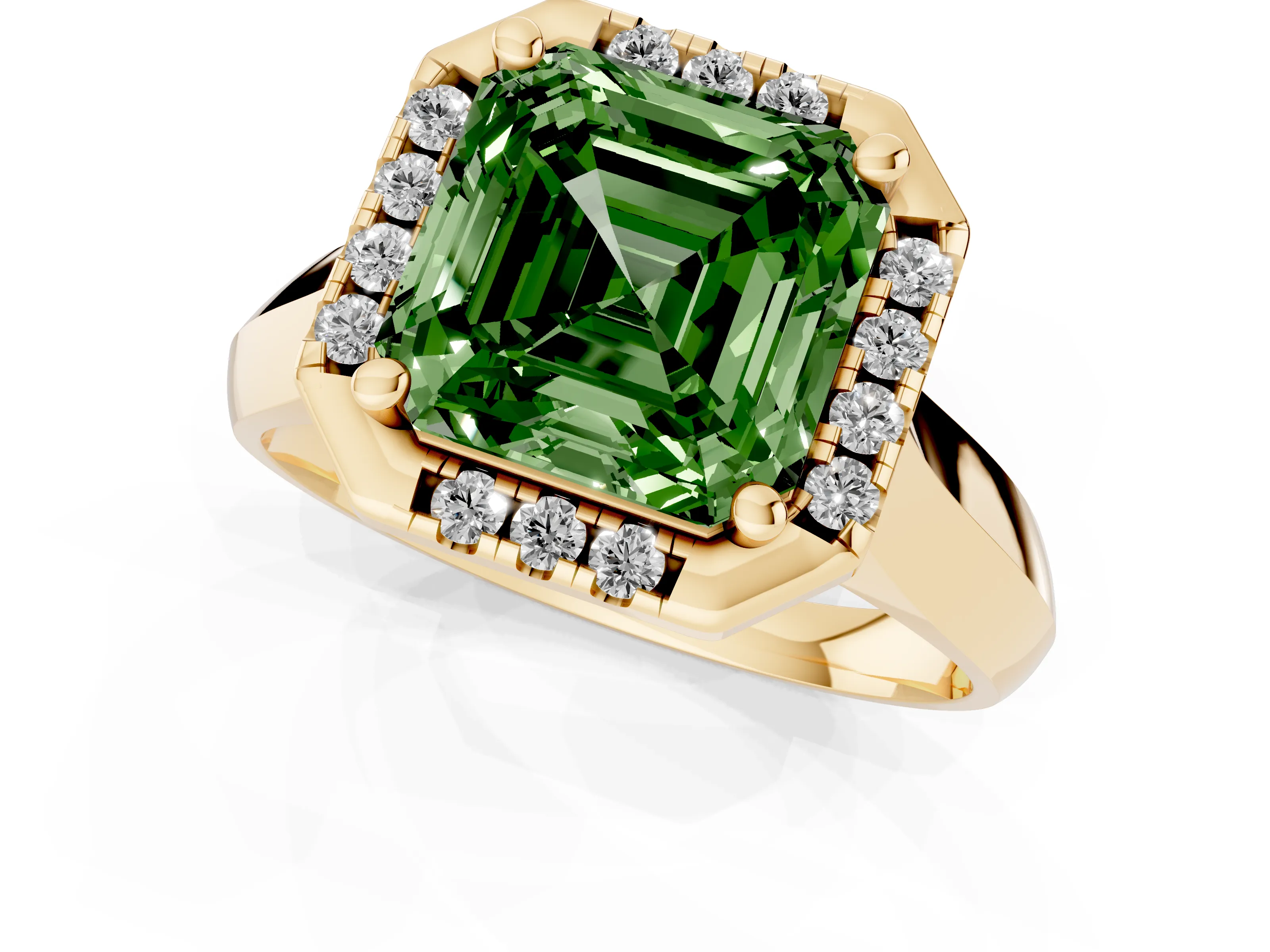 Fancy Green Asscher Cut Diamond Halo Solitaire Engagement Ring Set in Yellow gold with Square Band and Prong Setting