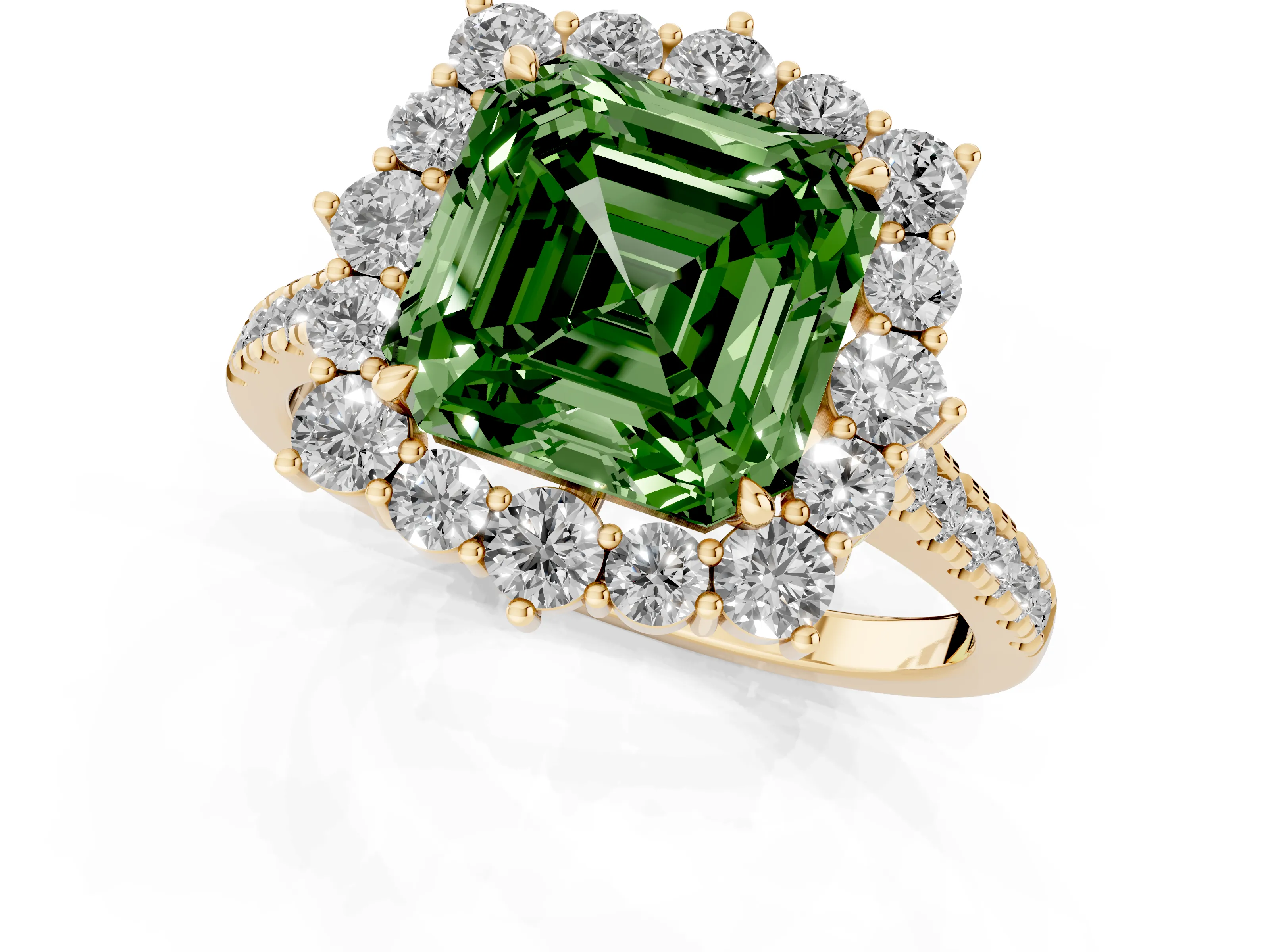 Fancy Green Asscher Cut Diamond Halo Ring Set in Yellow gold with Pavé Band and Prong Setting