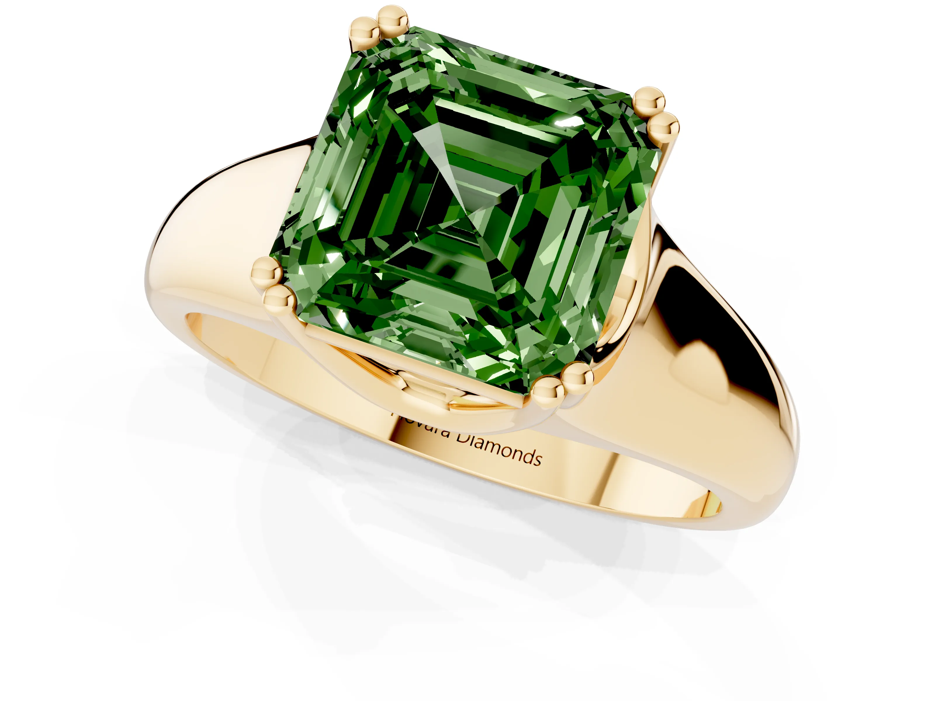 Fancy Green Asscher Cut Diamond Solitaire Ring Set in Yellow gold with Wide Band and Prong Setting