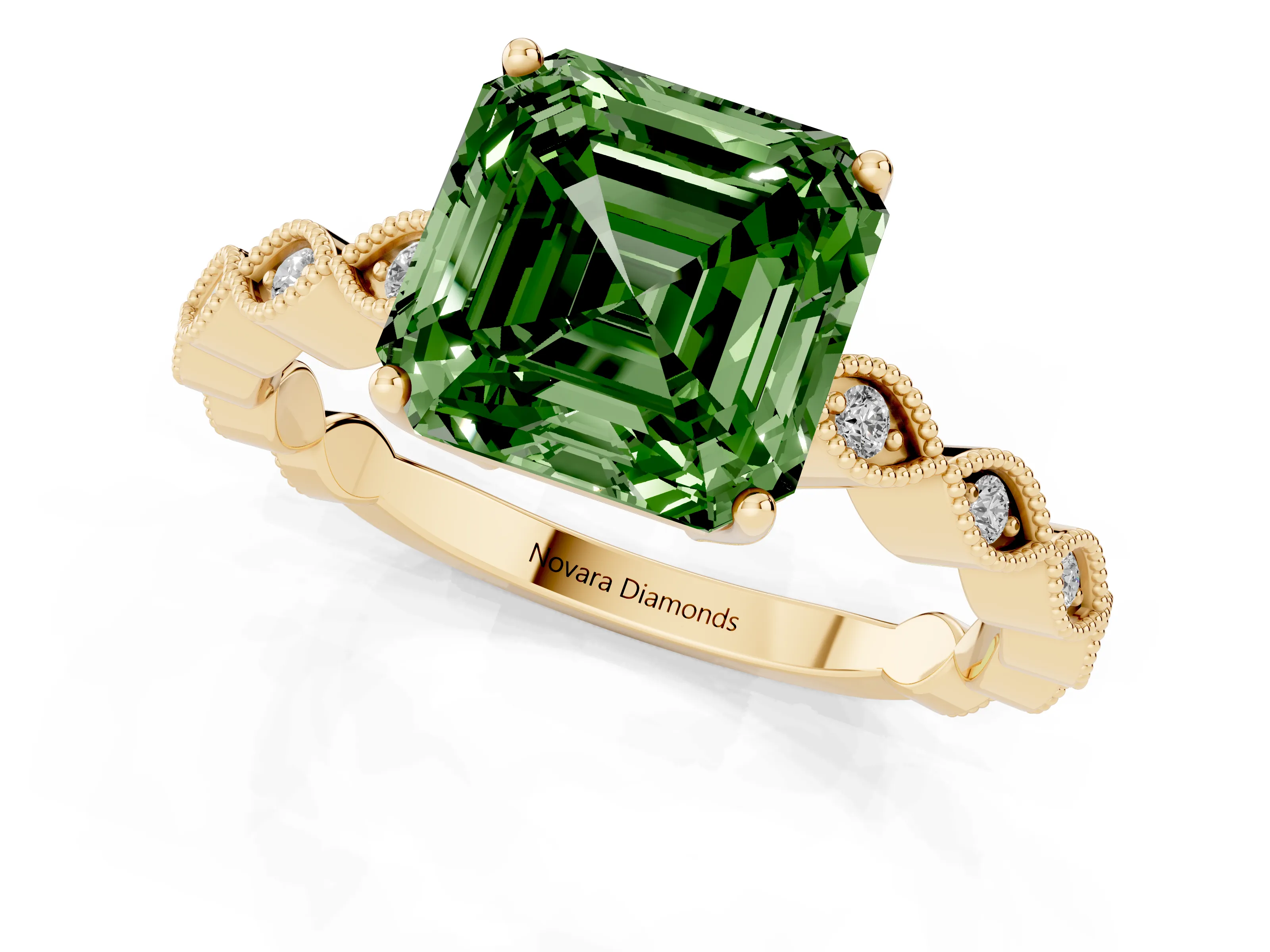 Fancy Green Asscher Cut Diamond Solitaire Ring Set in Yellow gold with Infinity Twist Pavé Band