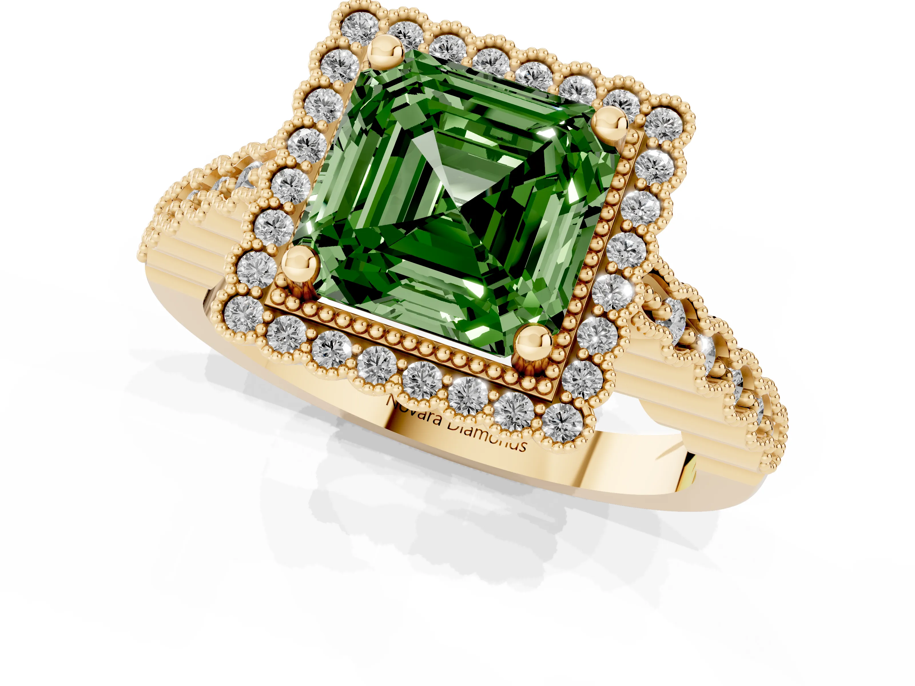 Fancy Green Asscher Cut Diamond Halo Ring Set in Yellow gold with Pavé Milgrain Band