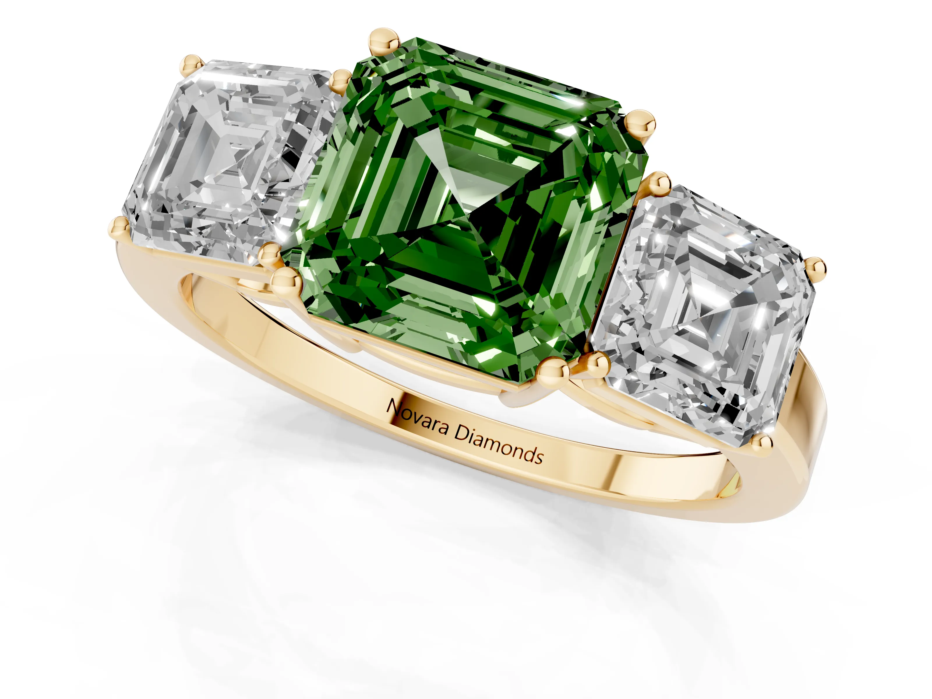 Fancy Green Asscher Cut Diamond Three-Stone Engagement Ring Set in Yellow gold with Flat Band