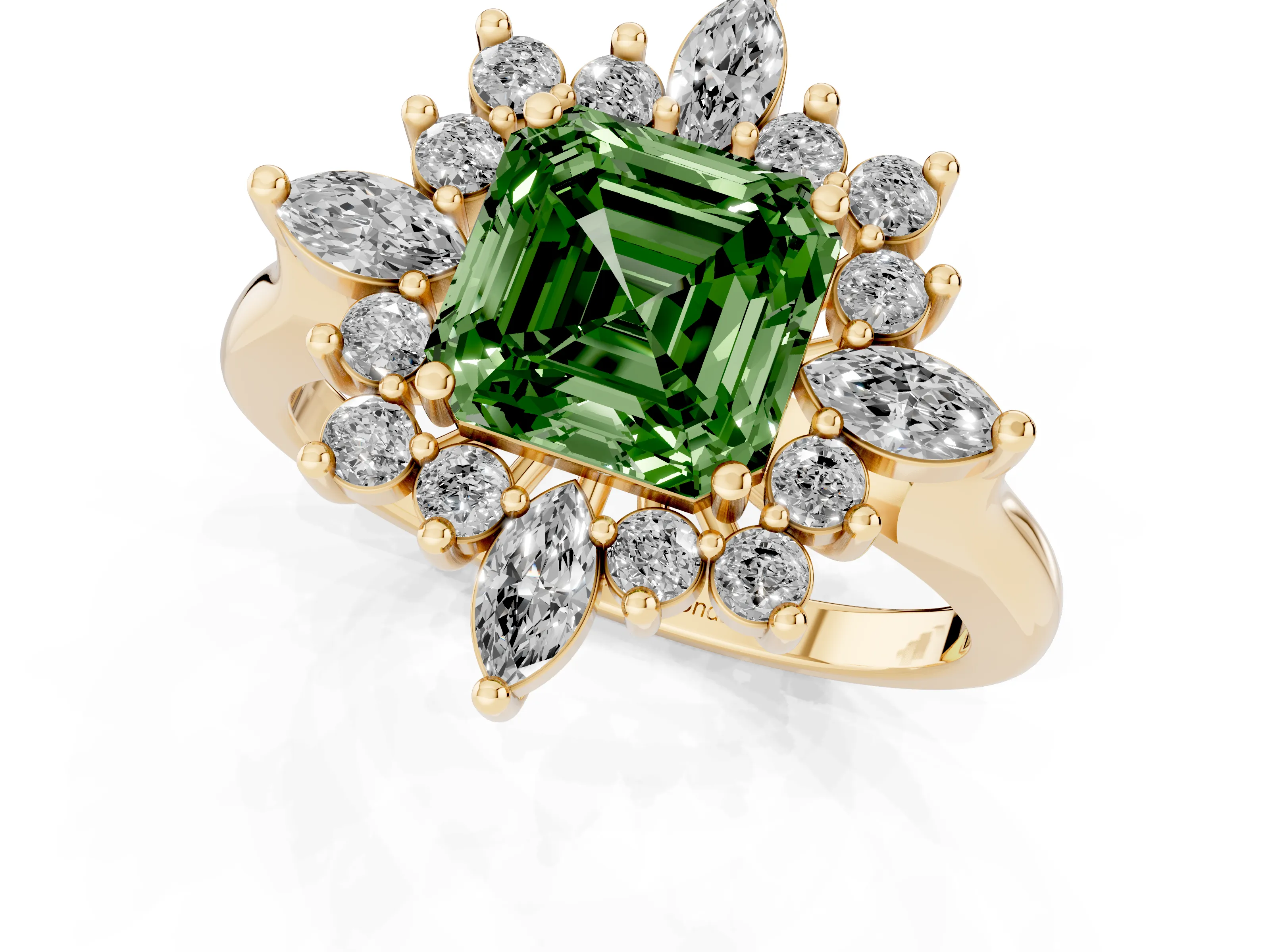 Fancy Green Asscher Cut Diamond Cluster Halo Ring Set in Yellow gold with Marquise and Round Accents