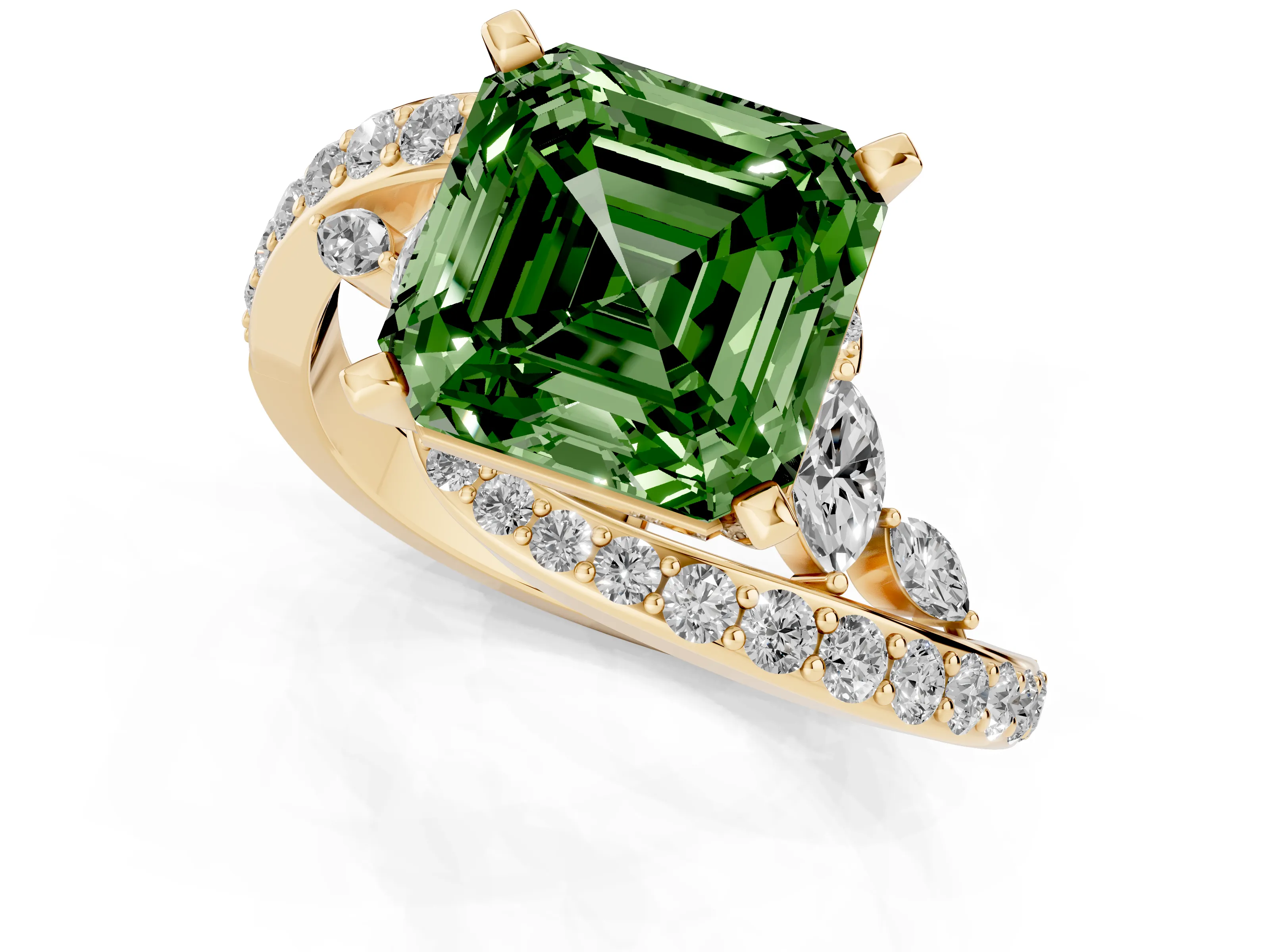 Fancy Green Asscher Cut Diamond Solitaire Ring Set in Yellow gold with Pavé Twist Band and Secure Prong Setting