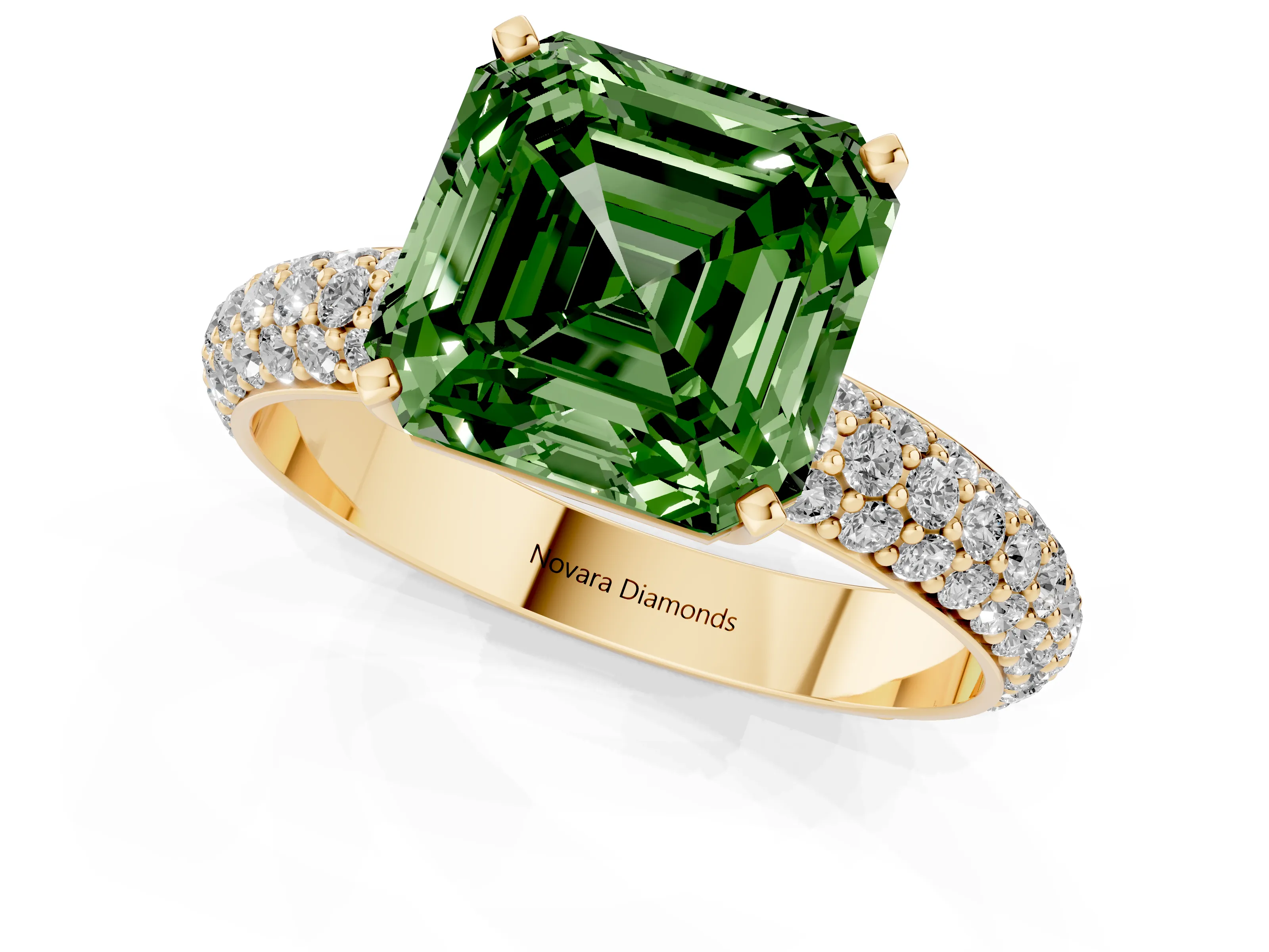 Fancy Green Asscher Cut Diamond Solitaire Ring Set in Yellow gold with Prong Setting and Pavé-Set Band