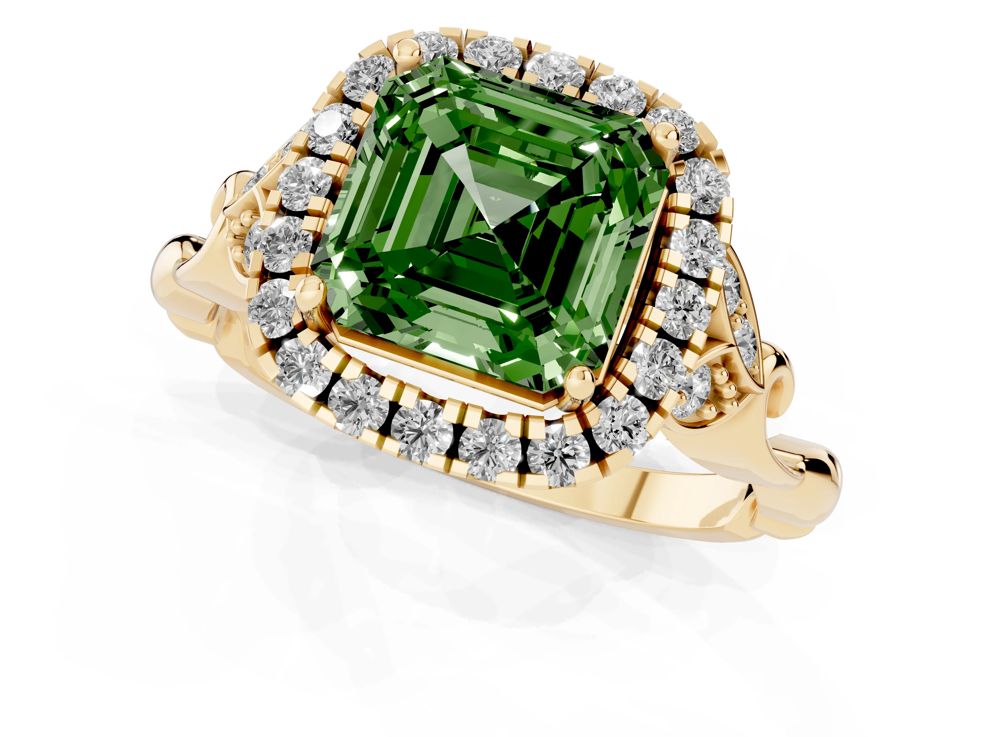 Fancy Green Asscher Cut Diamond Halo Engagement Ring Set in Yellow gold with Vintage-Inspired Band and Prong Setting