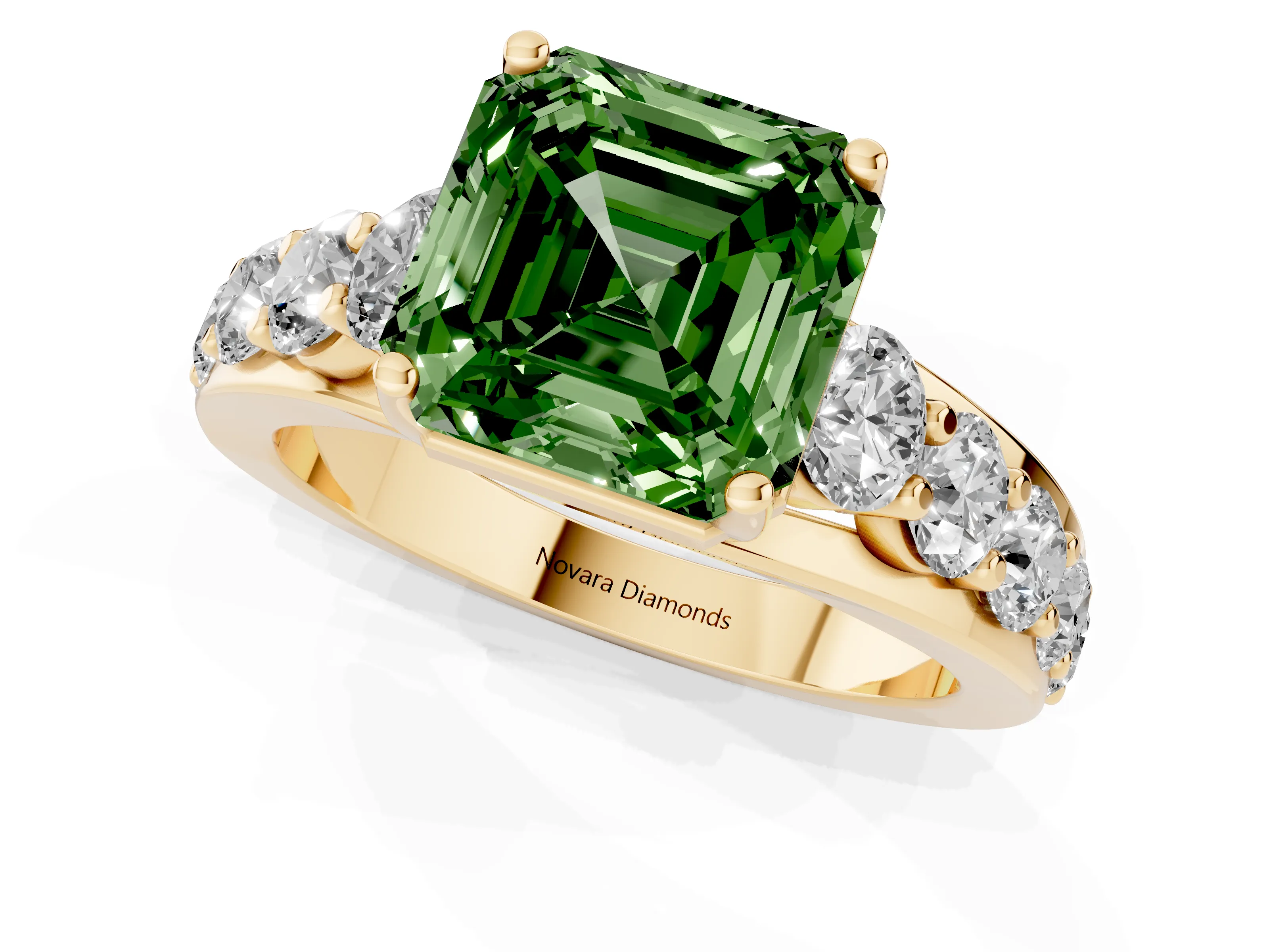Fancy Green Asscher Cut Diamond Pavé Engagement Ring Set in Yellow gold with Prong Setting