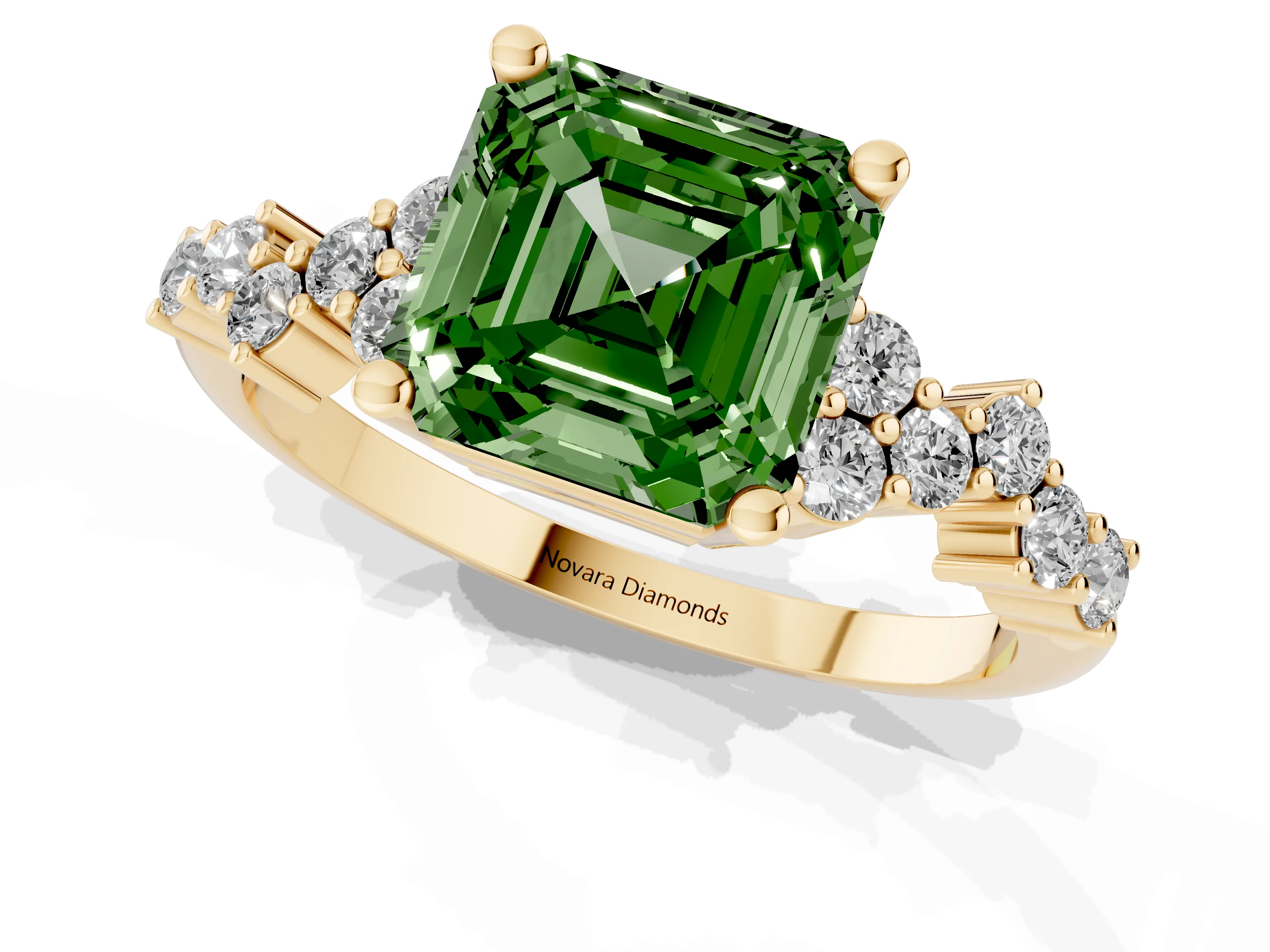 Fancy Green Asscher Cut Diamond Ring Set in Yellow gold with Scattered Round Accents