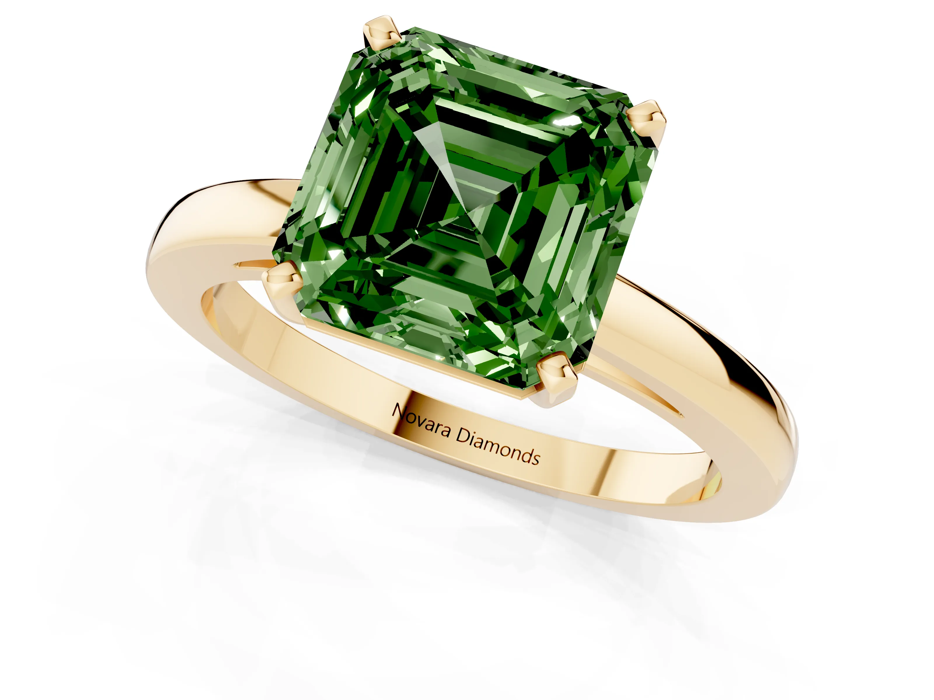 Fancy Green Asscher Cut Diamond Solitaire Engagement Ring Set in Yellow gold with Prong Setting on a Classic Band