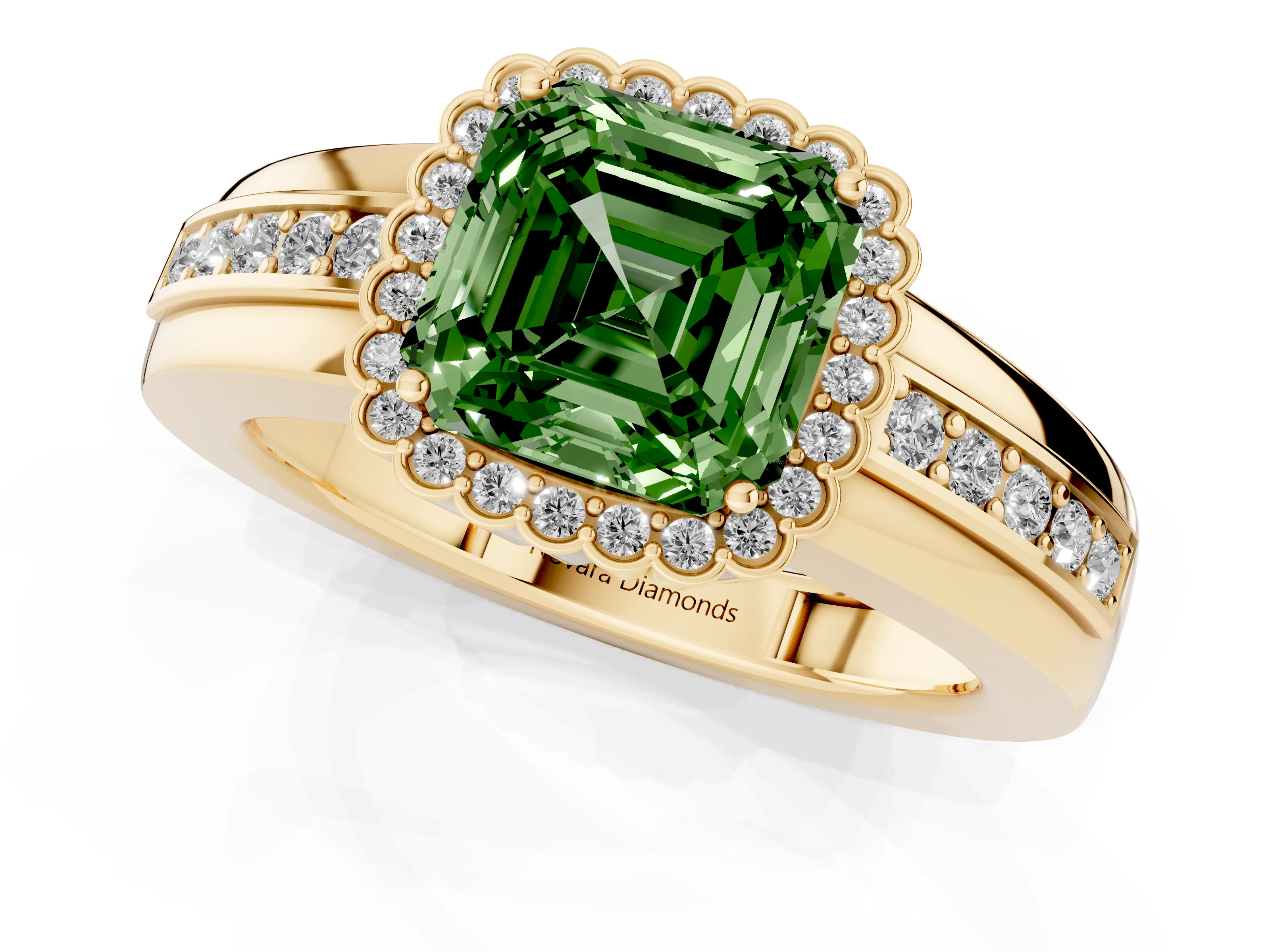 Fancy Green Asscher Cut Diamond Halo Prong Ring Set in Yellow gold with Pavé Band