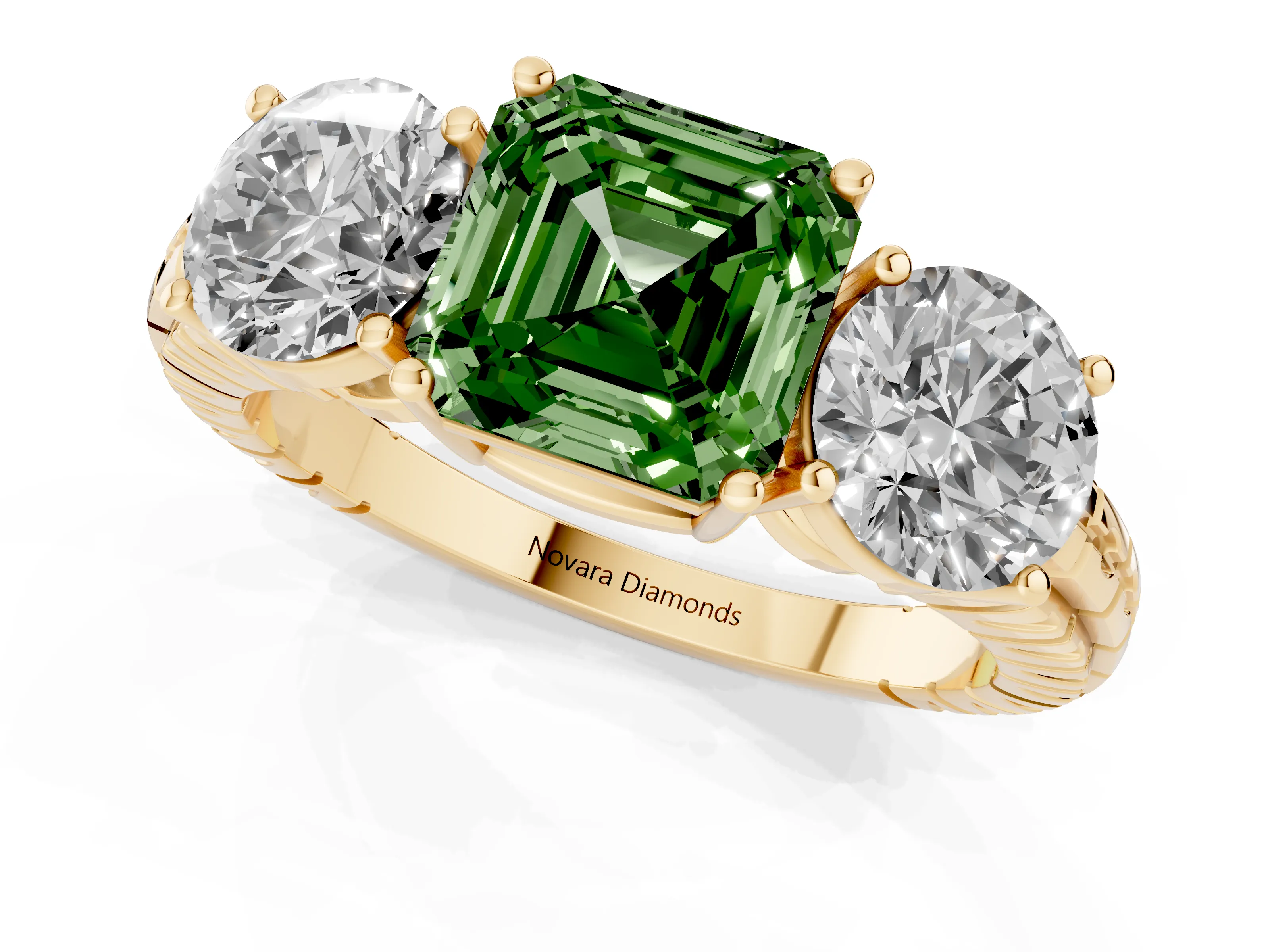 Fancy Green Asscher Cut Diamond Three-Stone Ring Set in Yellow gold with Channel-Set Accent Band