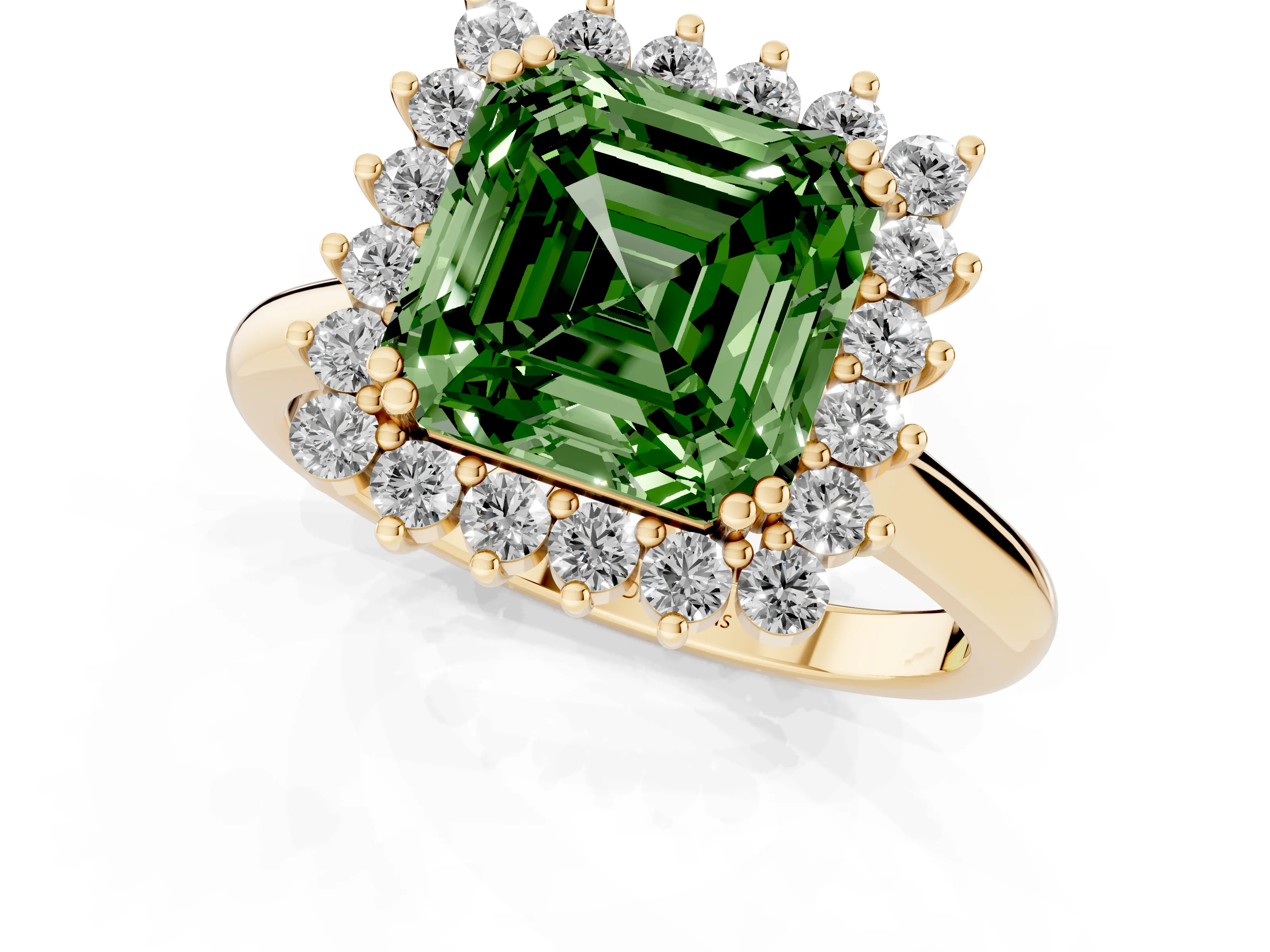Fancy Green Asscher Cut Diamond Halo Ring Set in Yellow gold with Plain Solitaire Band and Prong Setting