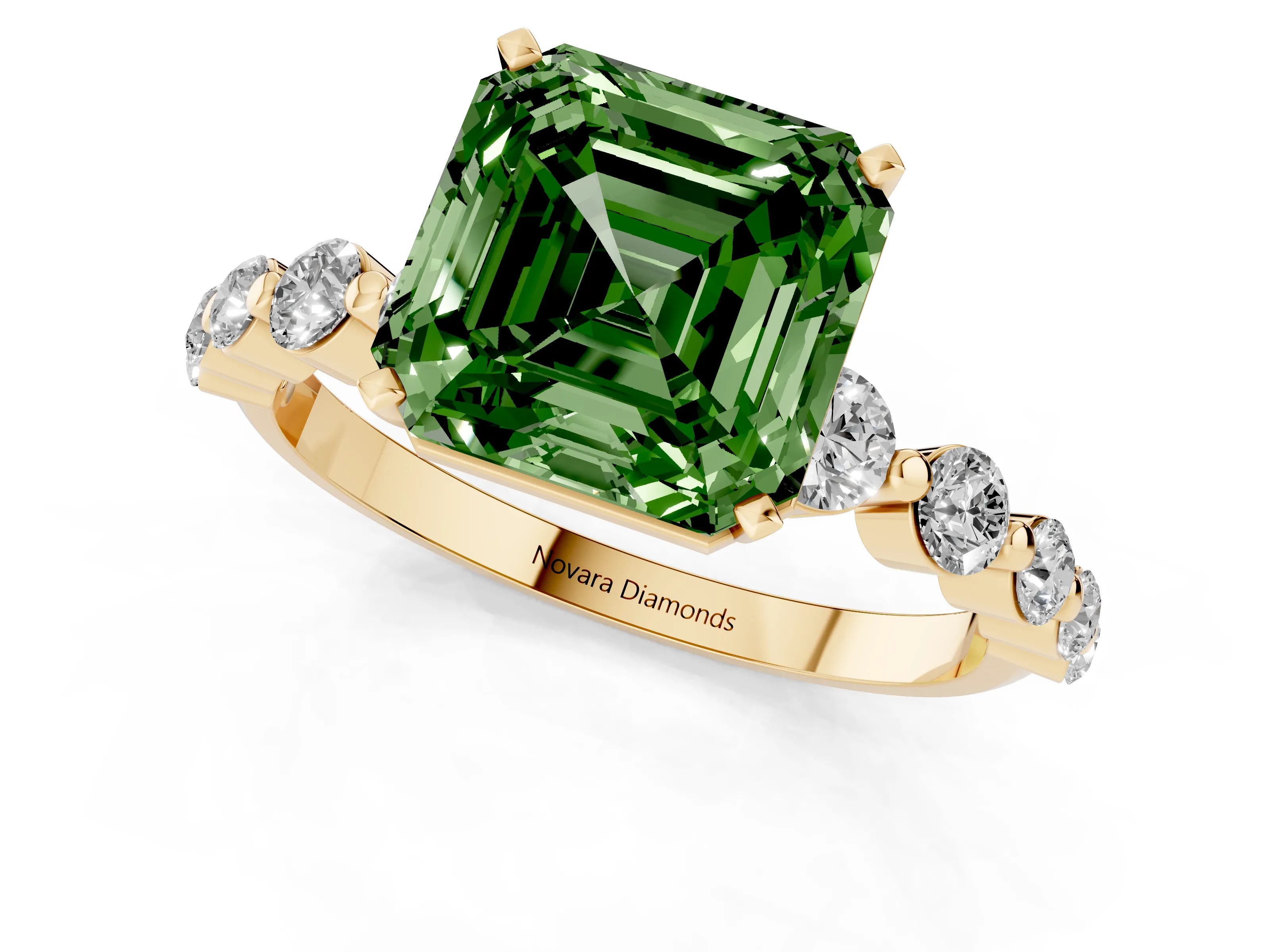 Fancy Green Asscher Cut Diamond Solitaire Ring Set in Yellow gold with Pavé Band and Prong Setting