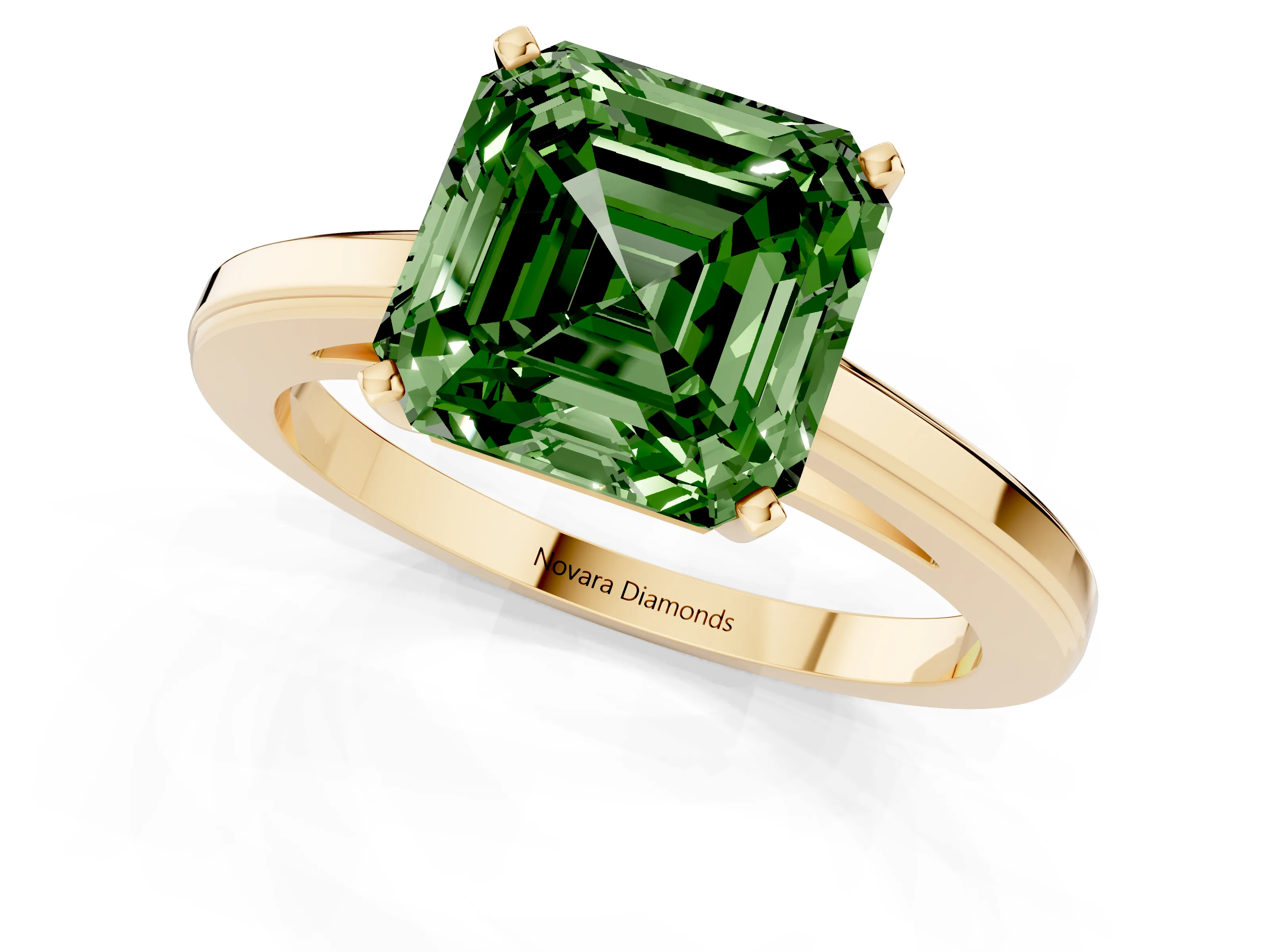 Fancy Green Asscher Cut Diamond Solitaire Ring Set in Yellow gold with Prong Setting and Classic Band