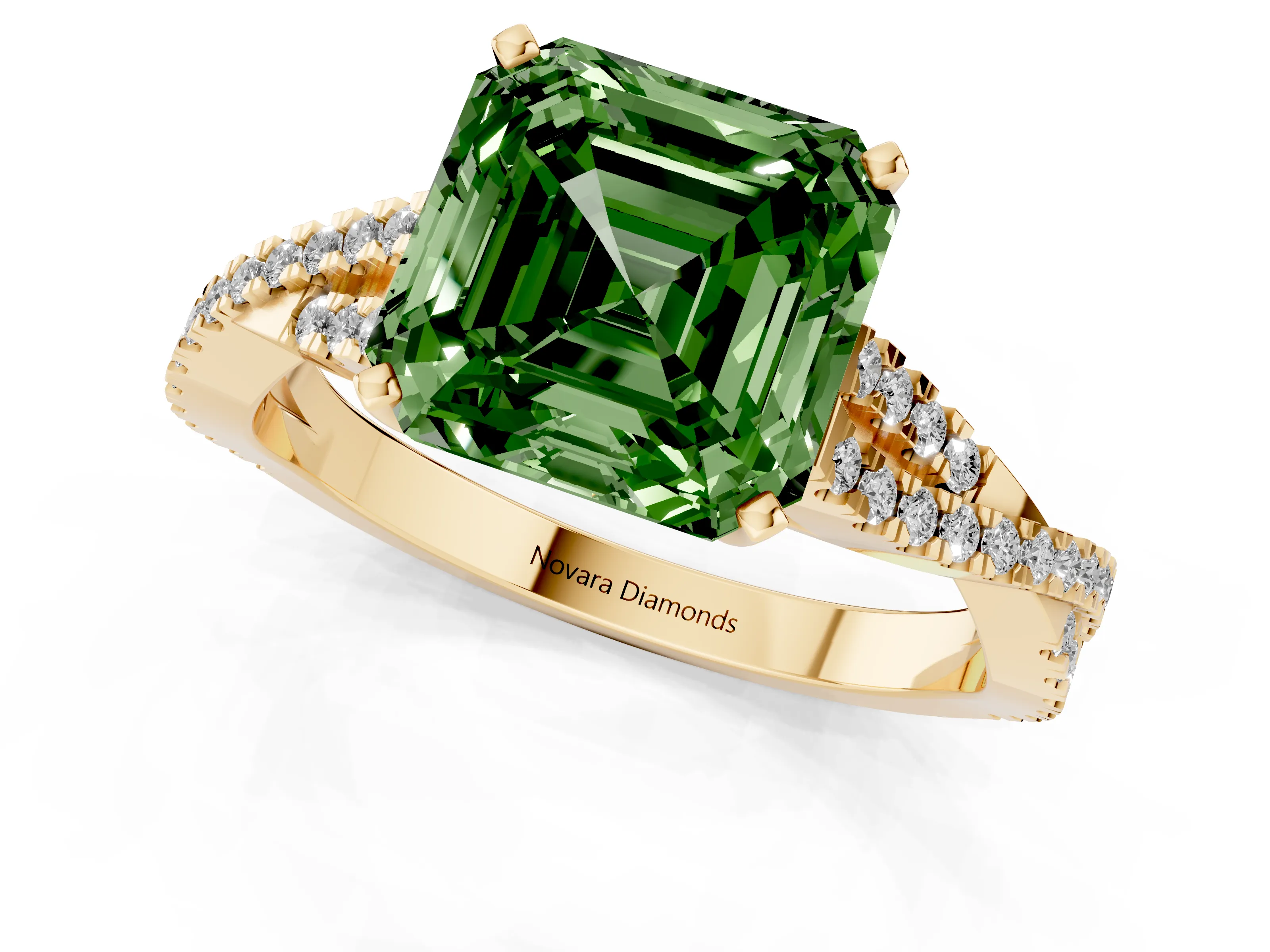 Fancy Green Asscher Cut Diamond Solitaire Engagement Ring Set in Yellow gold with Twisted Pavé Band and Prong Setting