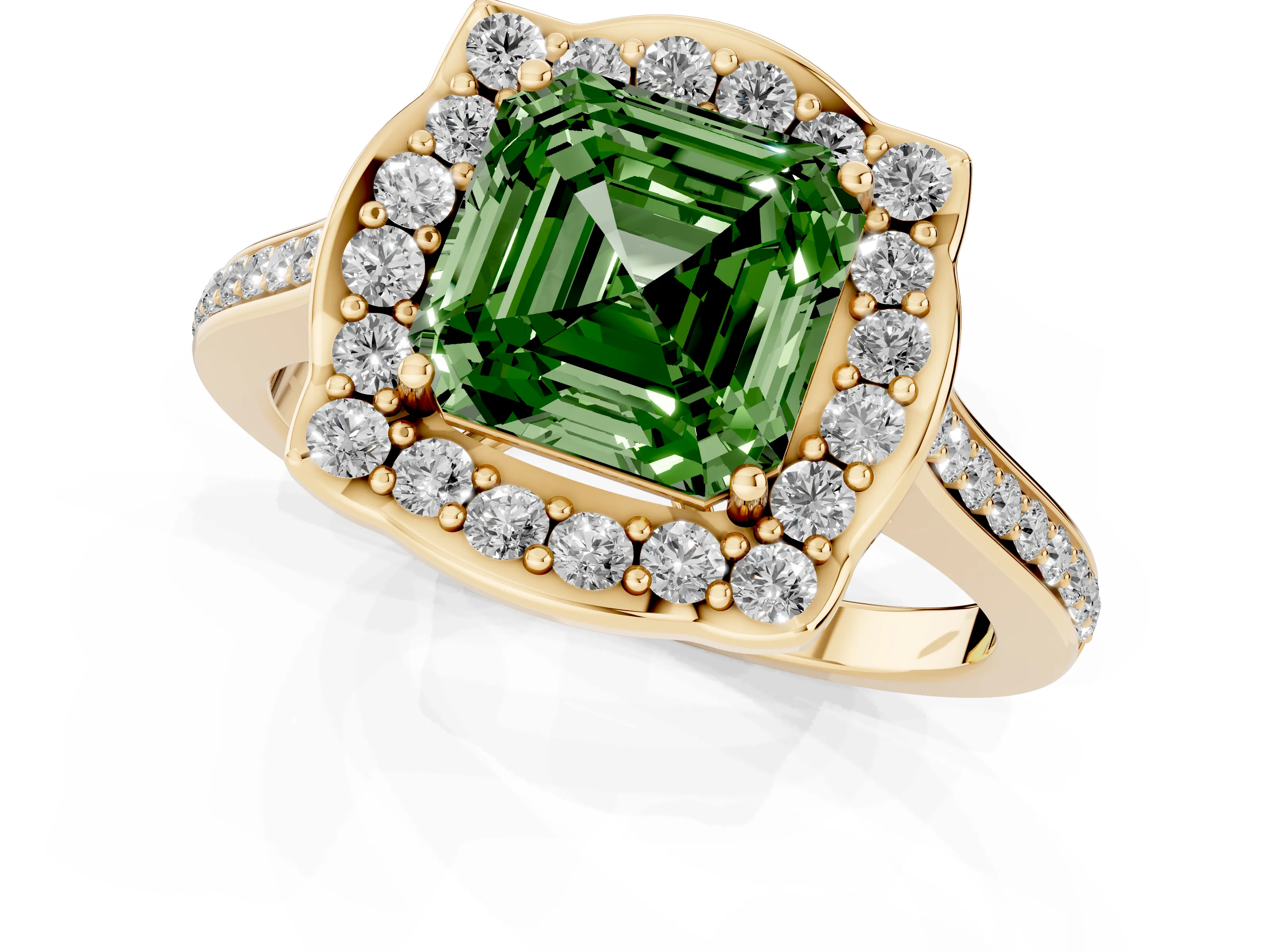 Fancy Green Asscher Cut Diamond Halo Ring Set in Yellow gold with Pavé-Lined Shoulders and Prong Setting