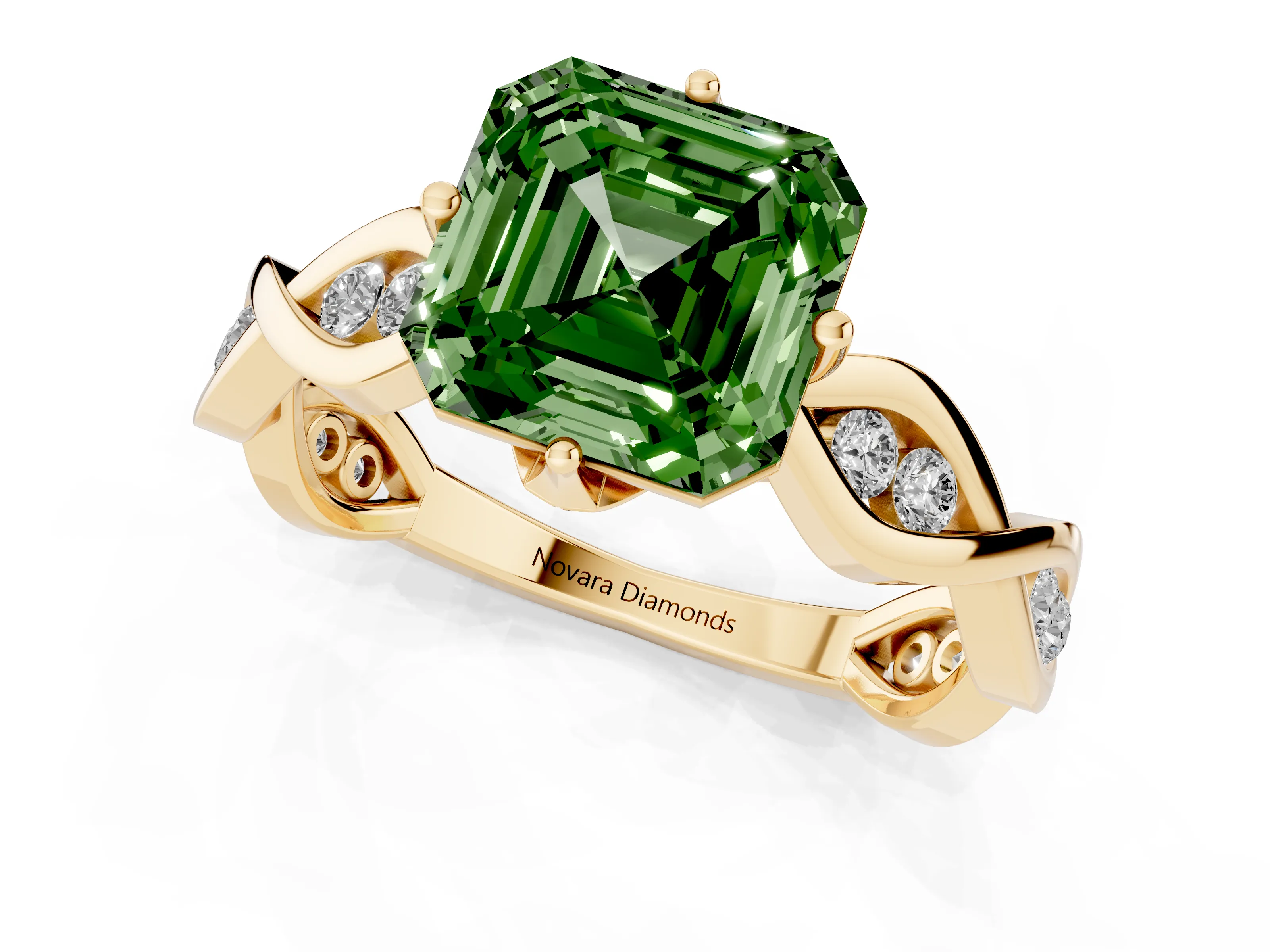 Fancy Green Asscher Cut Diamond Twist Band Solitaire Ring Set in Yellow gold with Leaf Prong Setting and Accent Stones