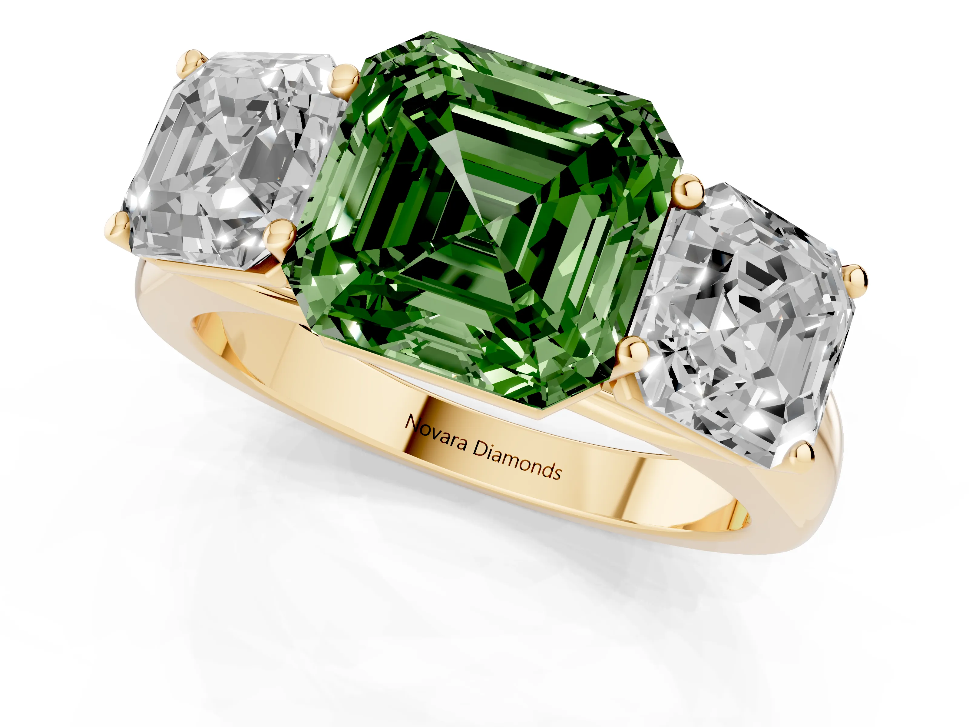 Fancy Green Asscher Cut Diamond Three-Stone Ring Set in Yellow gold with Plain Polished Band