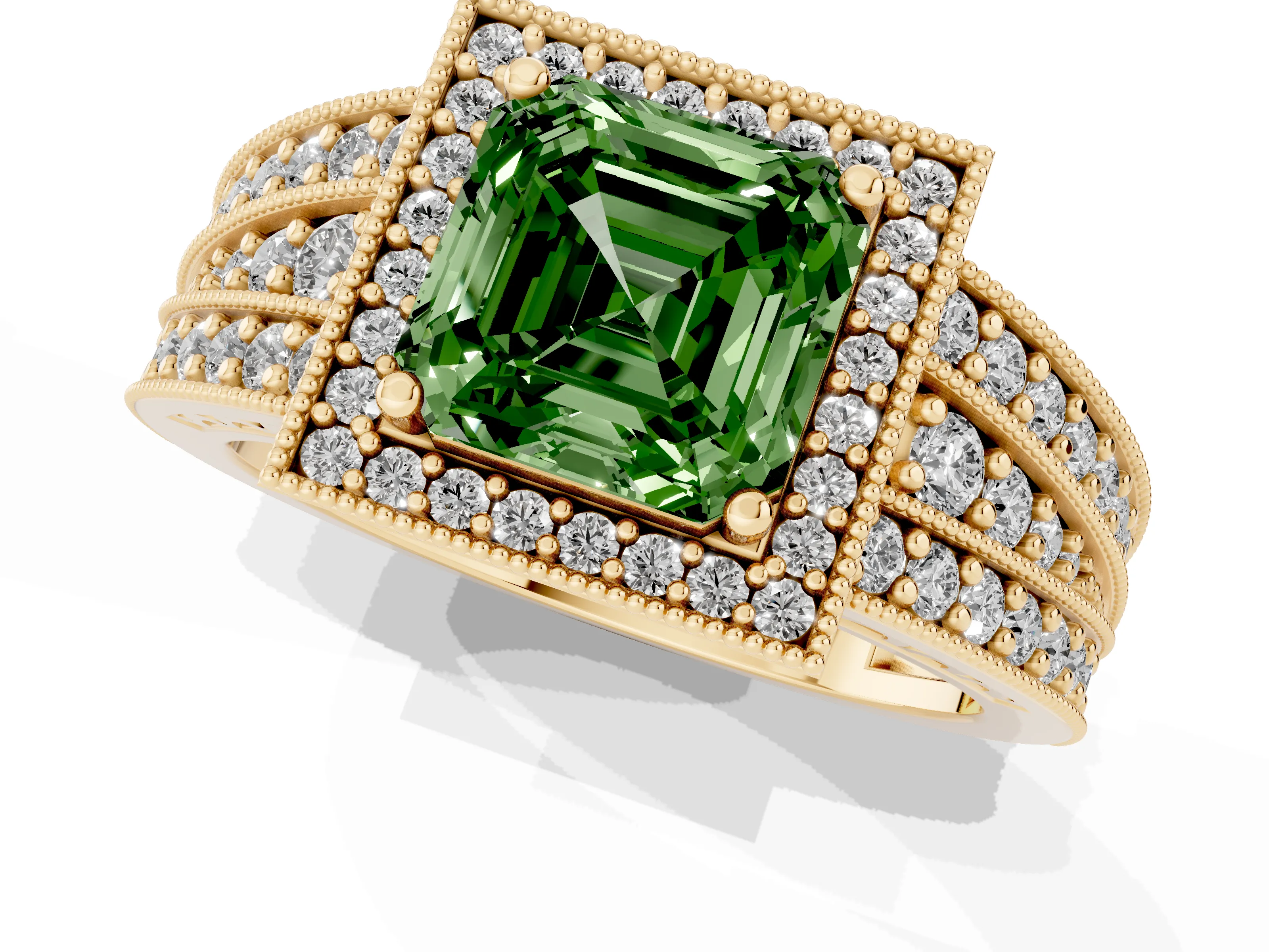 Fancy Green Asscher Cut Diamond Halo Ring Set in Yellow gold with Accent Split Shank and Prong Setting