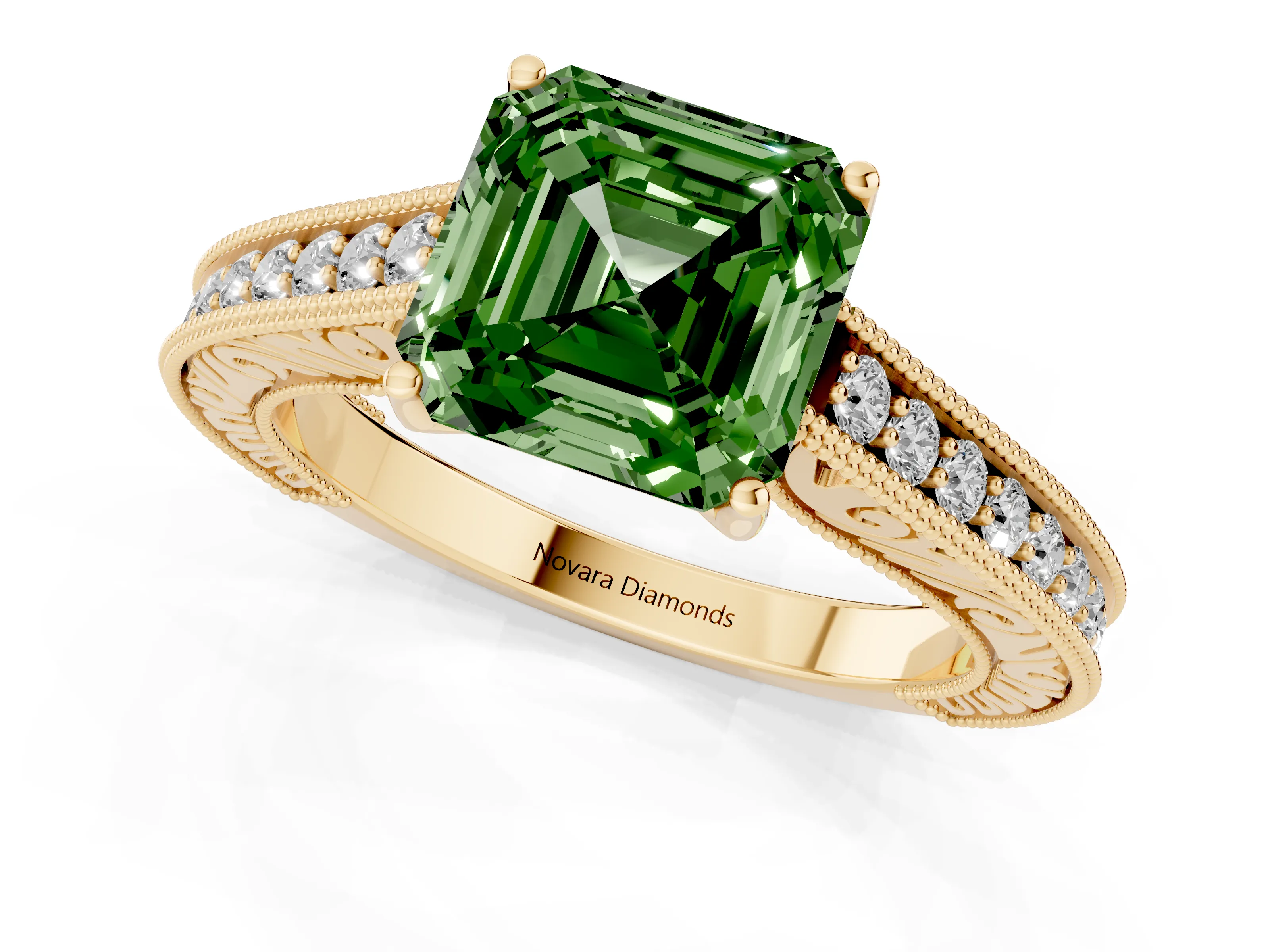 Fancy Green Asscher Cut Diamond Milgrain Pavé Band Solitaire Ring Set in Yellow gold with Prong Setting