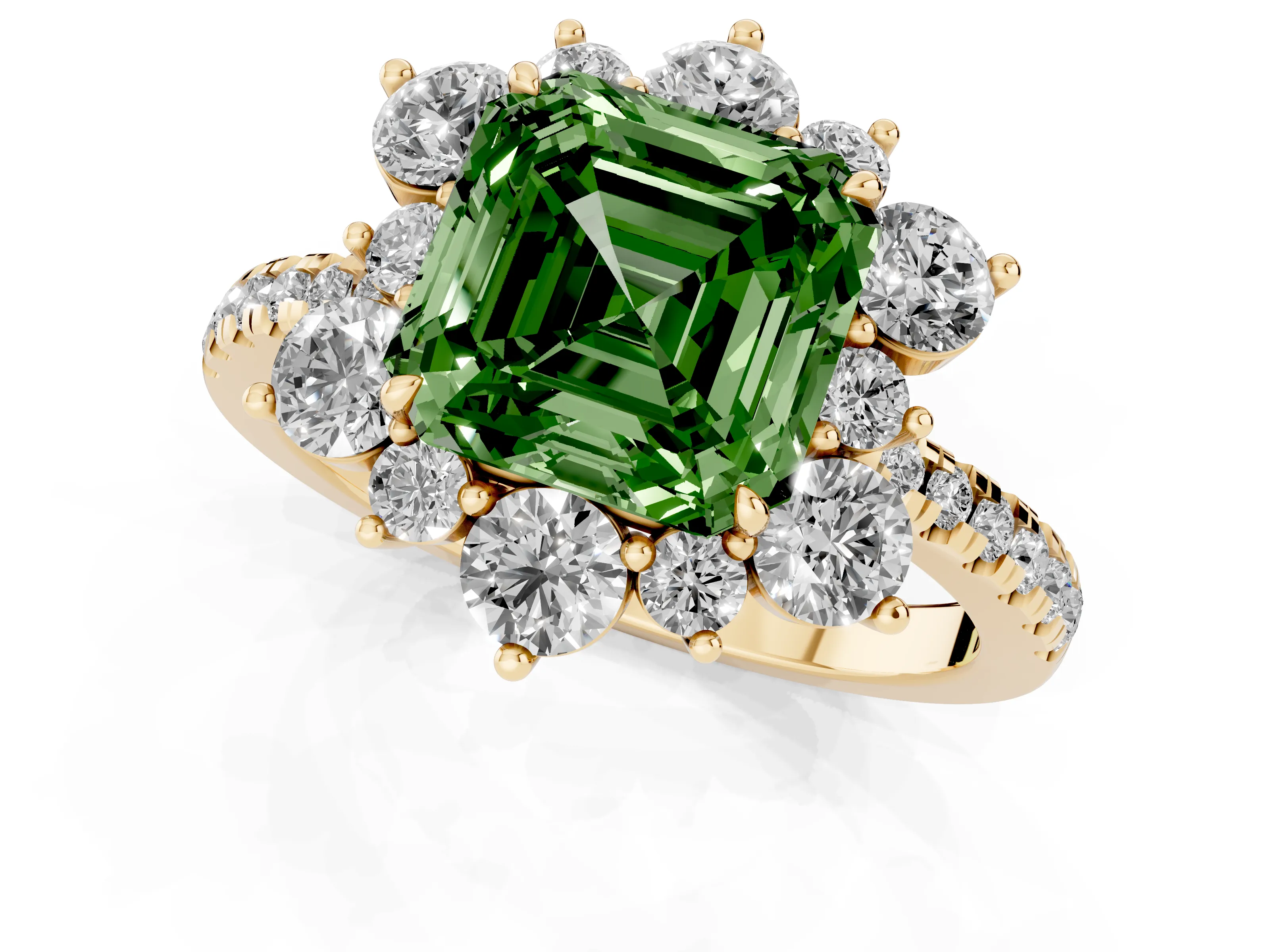 Fancy Green Asscher Cut Diamond Floral Halo Ring Set in Yellow gold with Round Pavé Band and Prong Setting