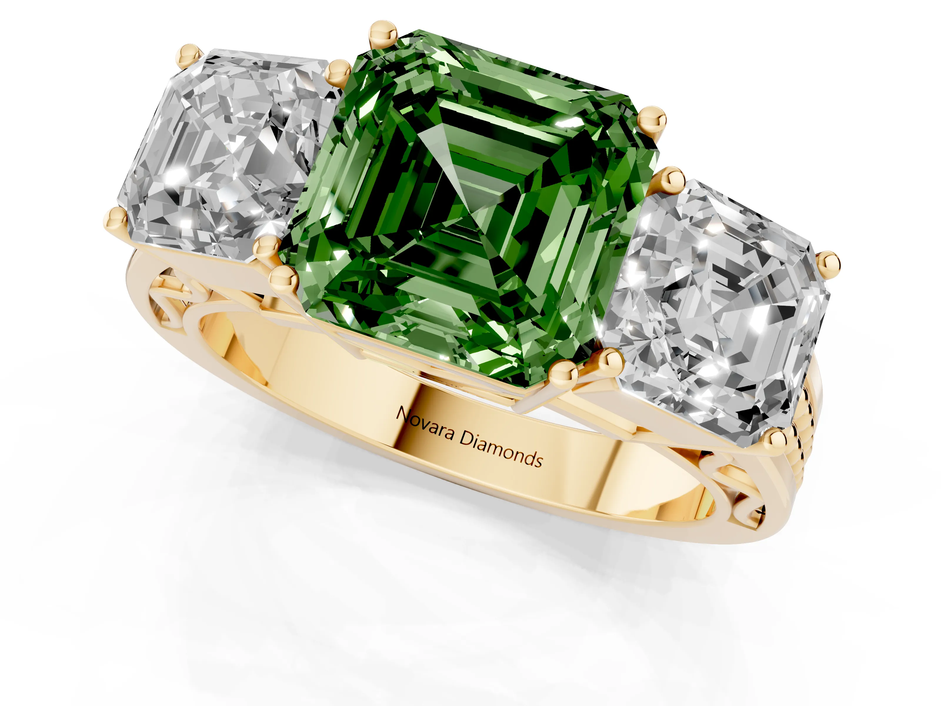 Fancy Green Asscher Cut Diamond Three-Stone Ring Set in Yellow gold with Textured Band