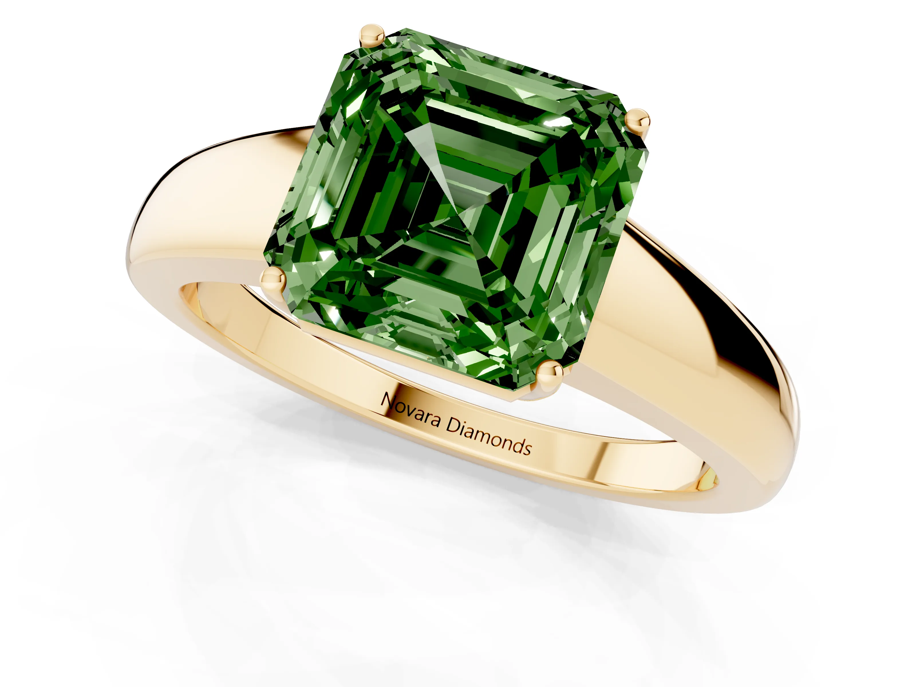 Fancy Green Asscher Cut Diamond Solitaire Ring Set in Yellow gold with Tapered Band and Prong Setting