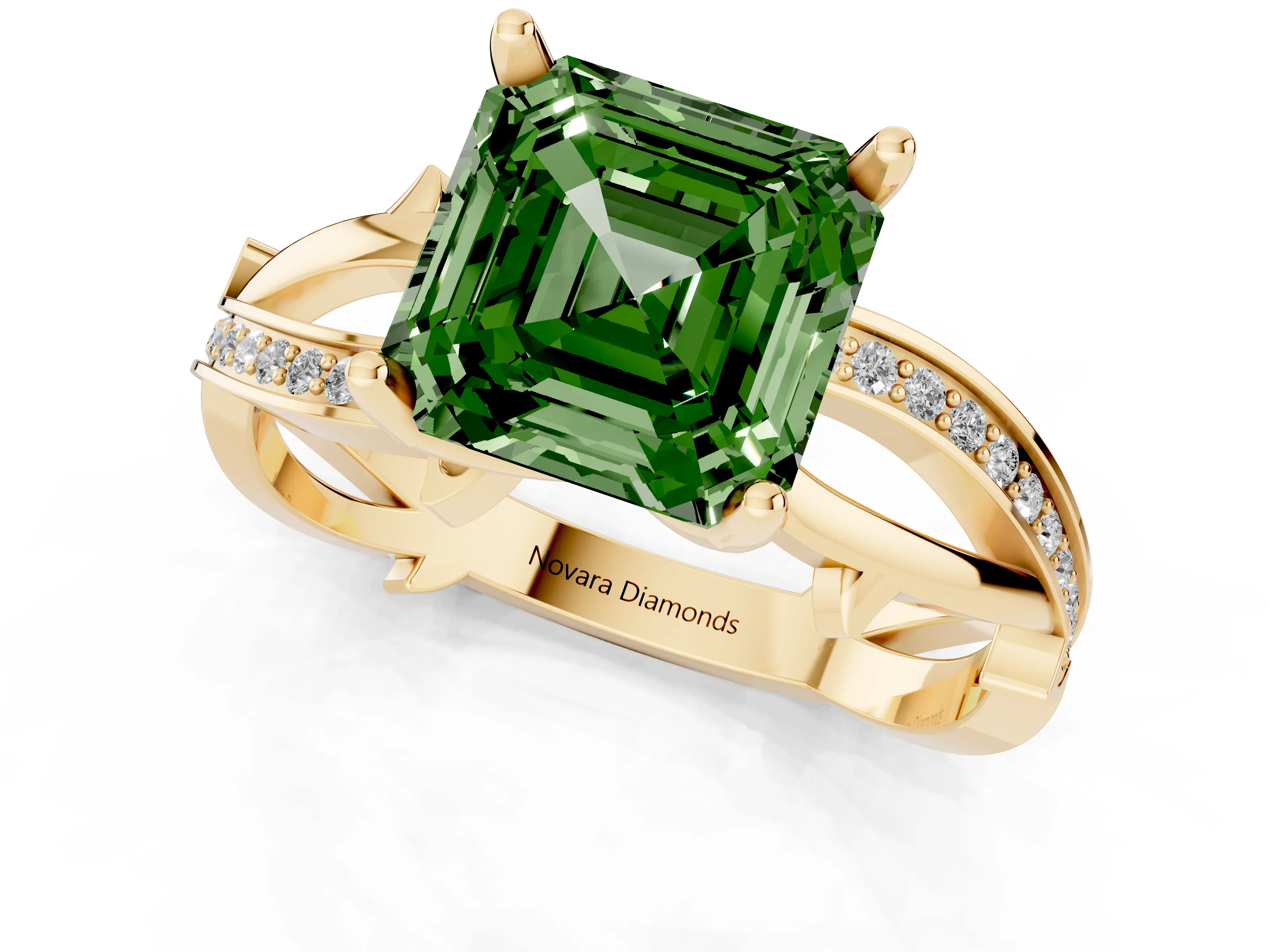 Fancy Green Asscher Cut Diamond Pavé Twist Band Solitaire Ring Set in Yellow gold with Prong Setting