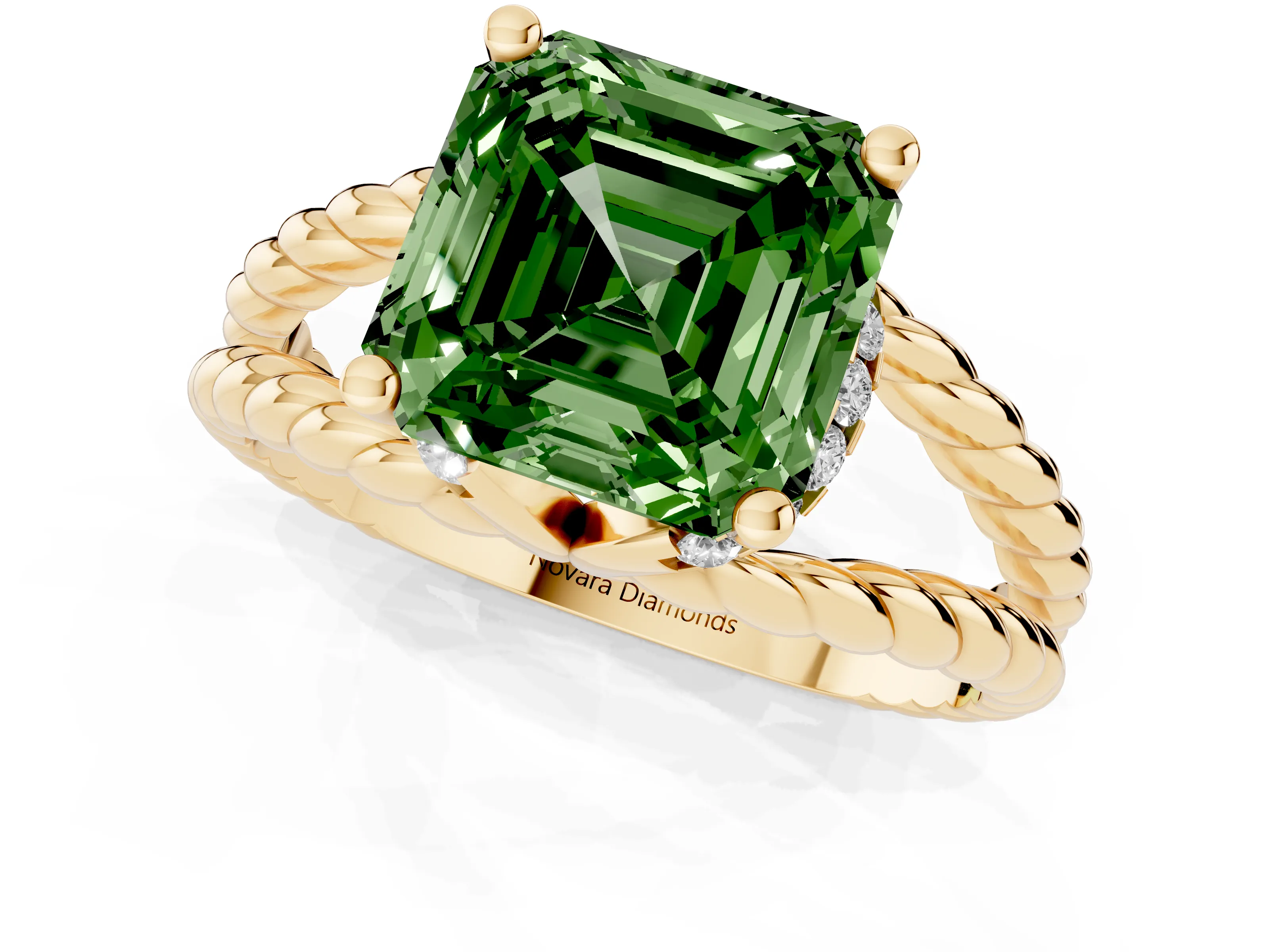 Fancy Green Asscher Cut Diamond Halo Ring Set in Yellow gold with Twisted Band and Prong Setting