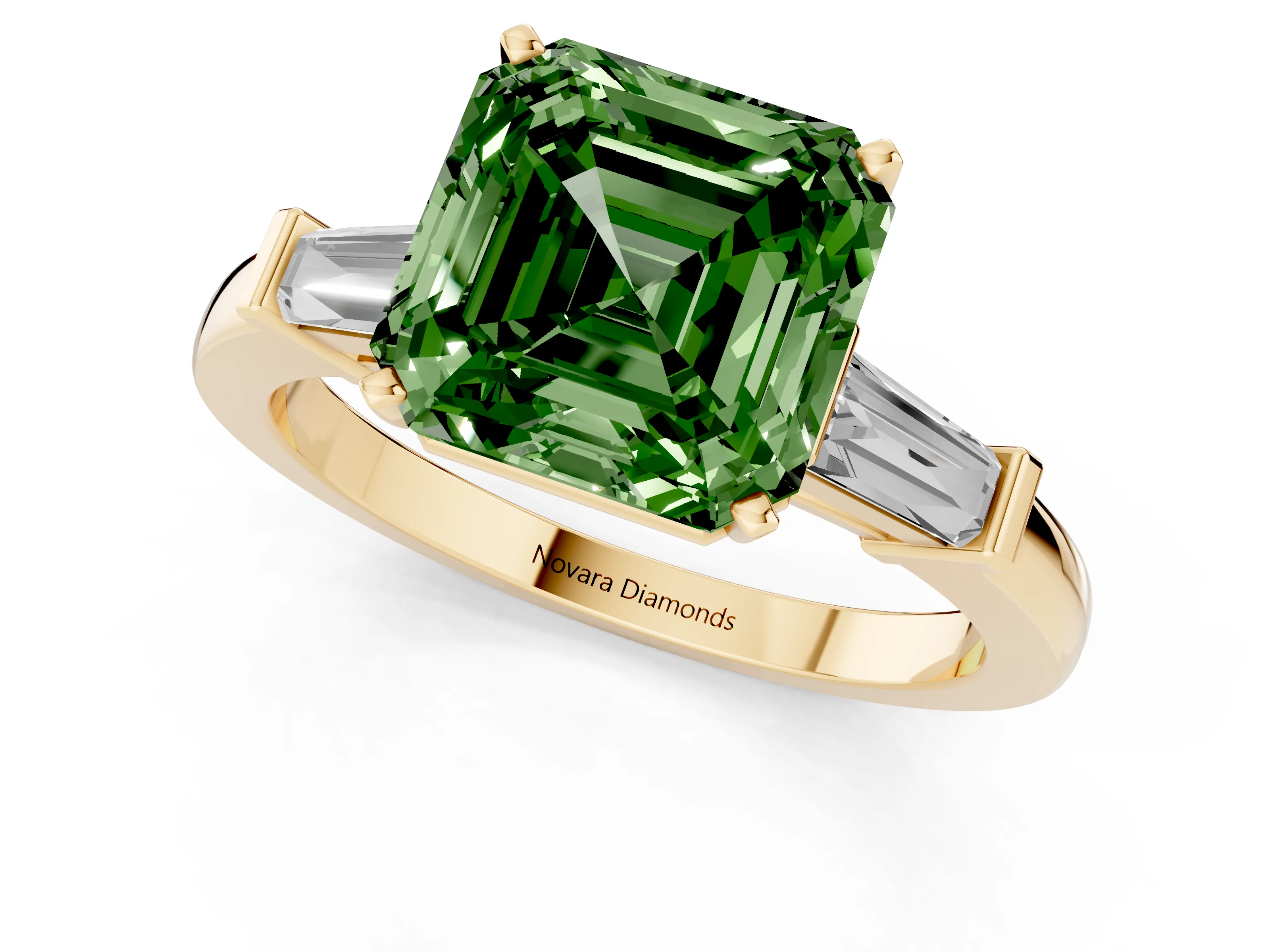 Fancy Green Asscher Cut Diamond Solitaire Ring Set in Yellow gold with Tapered Baguette Accents and Prong Setting
