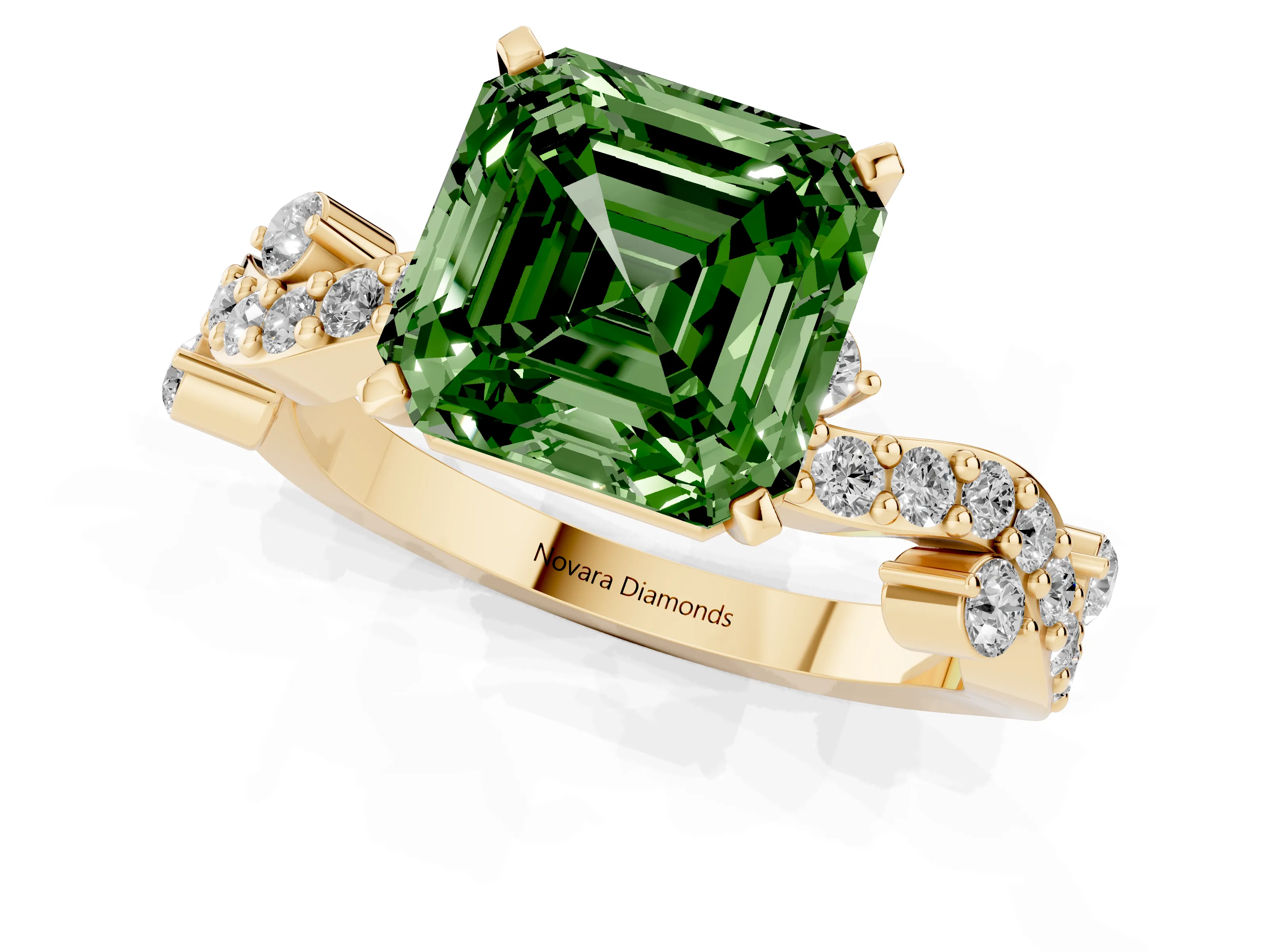 Fancy Green Asscher Cut Diamond Solitaire Twisted Band Set in Yellow gold with Pavé Setting