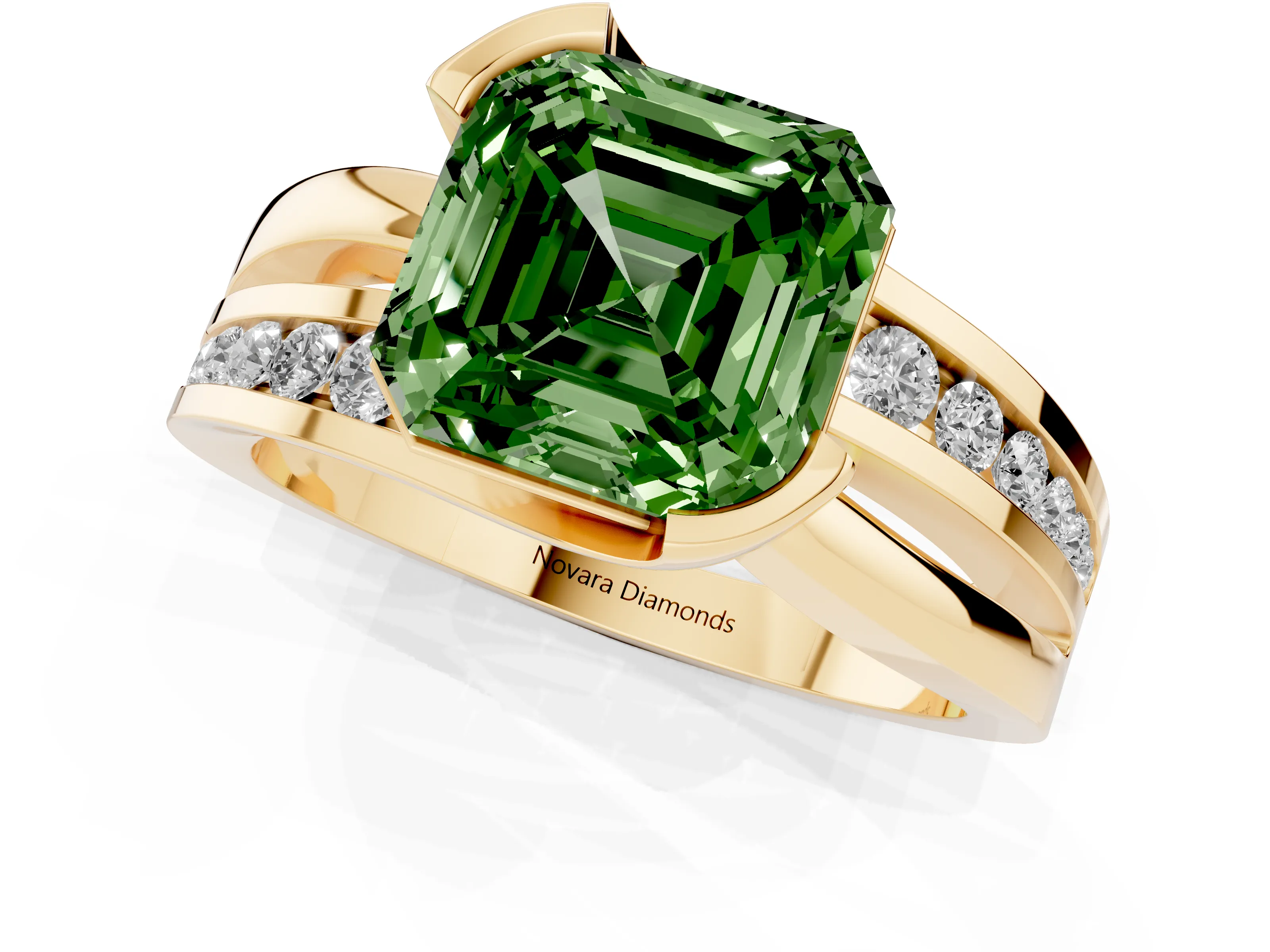 Fancy Green Asscher Cut Diamond Solitaire Ring Set in Yellow gold with Channel Set Split Shank and Tension Prongs