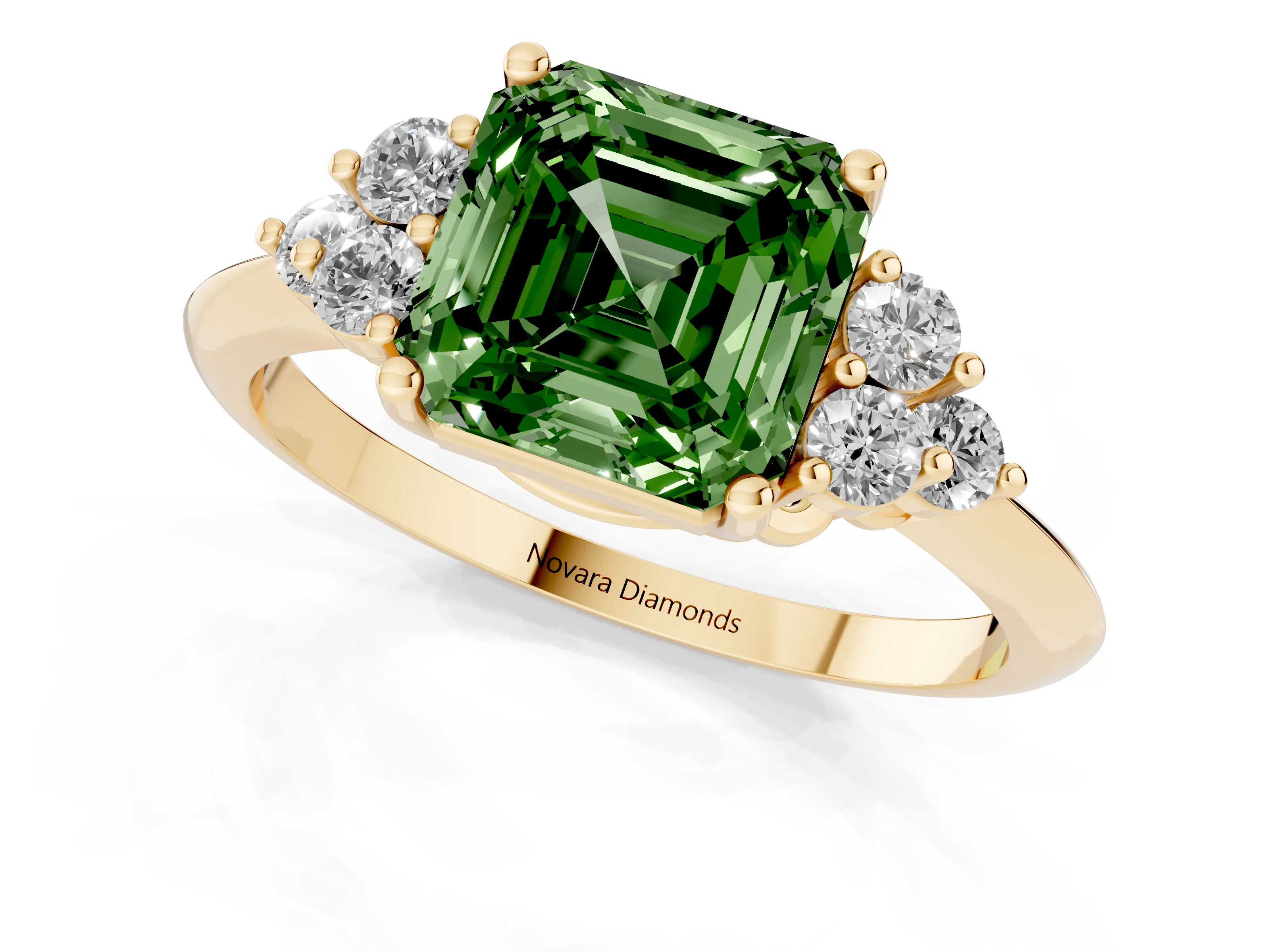 Fancy Green Asscher Cut Diamond Cluster Ring Set in Yellow gold with Plain Band and Prong Setting
