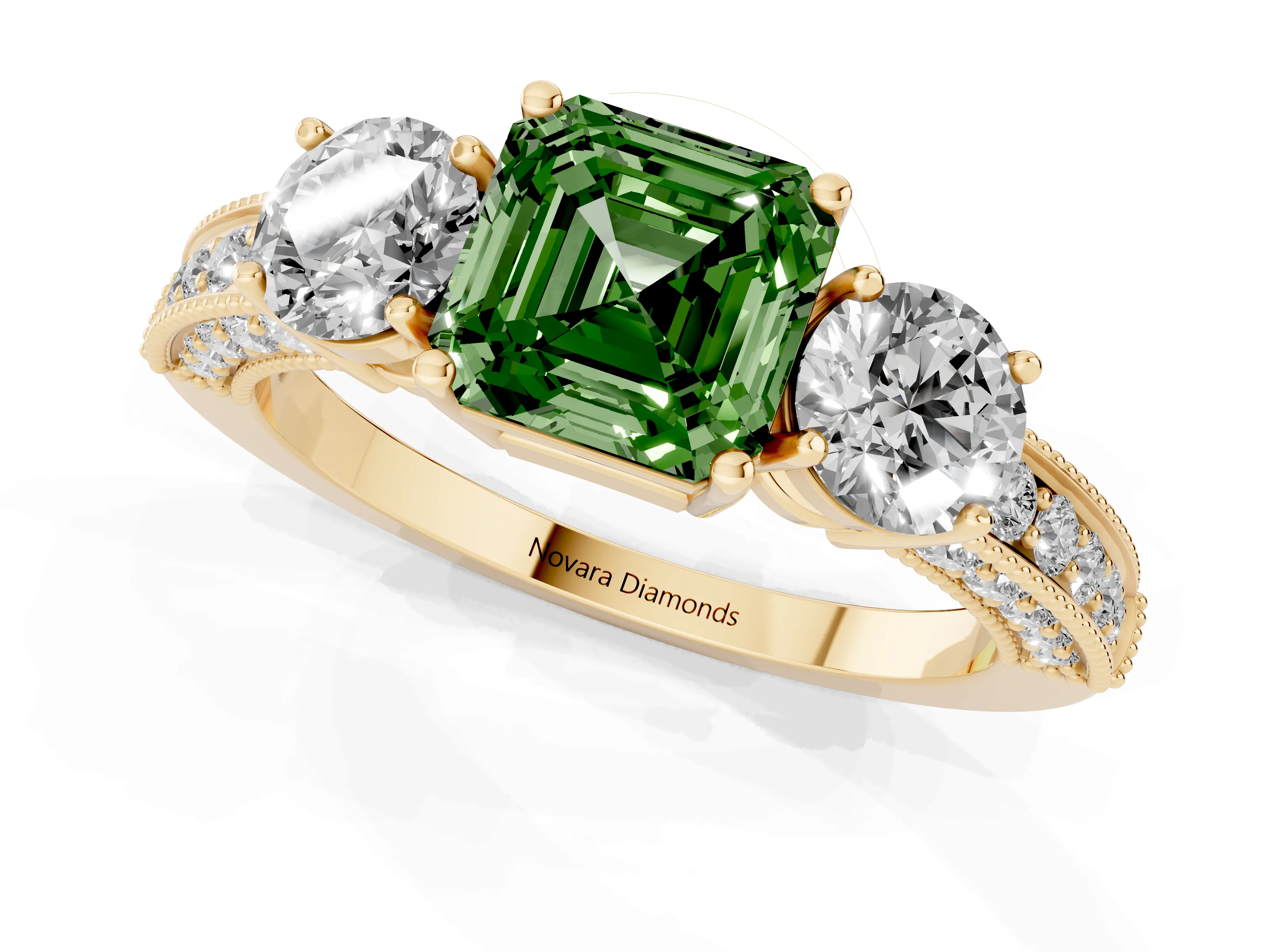 Fancy Green Asscher Cut Diamond Three-Stone Ring Set in Yellow gold with Round Side Stones and Pavé Band