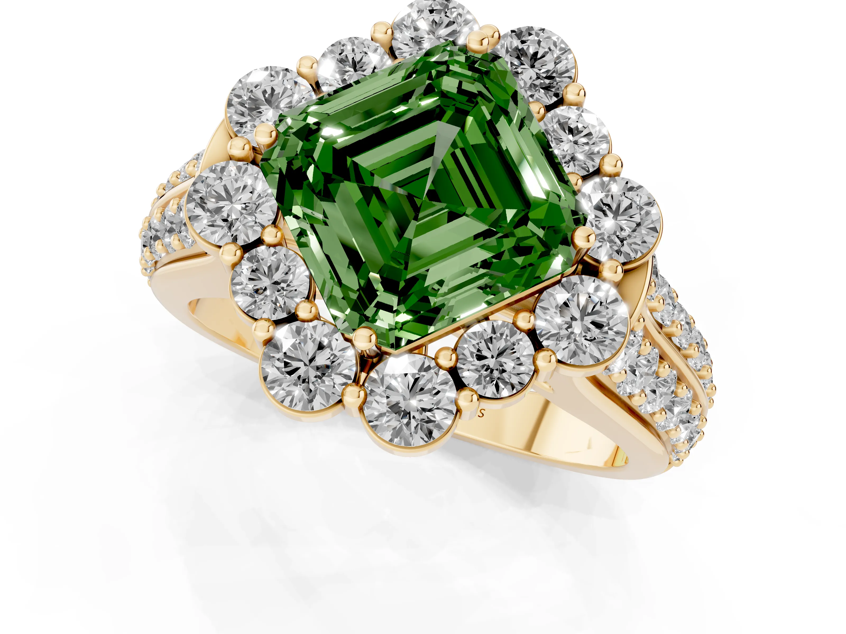 Fancy Green Asscher Cut Diamond Halo Engagement Ring Set in Yellow gold with Split Shank and Prong Setting