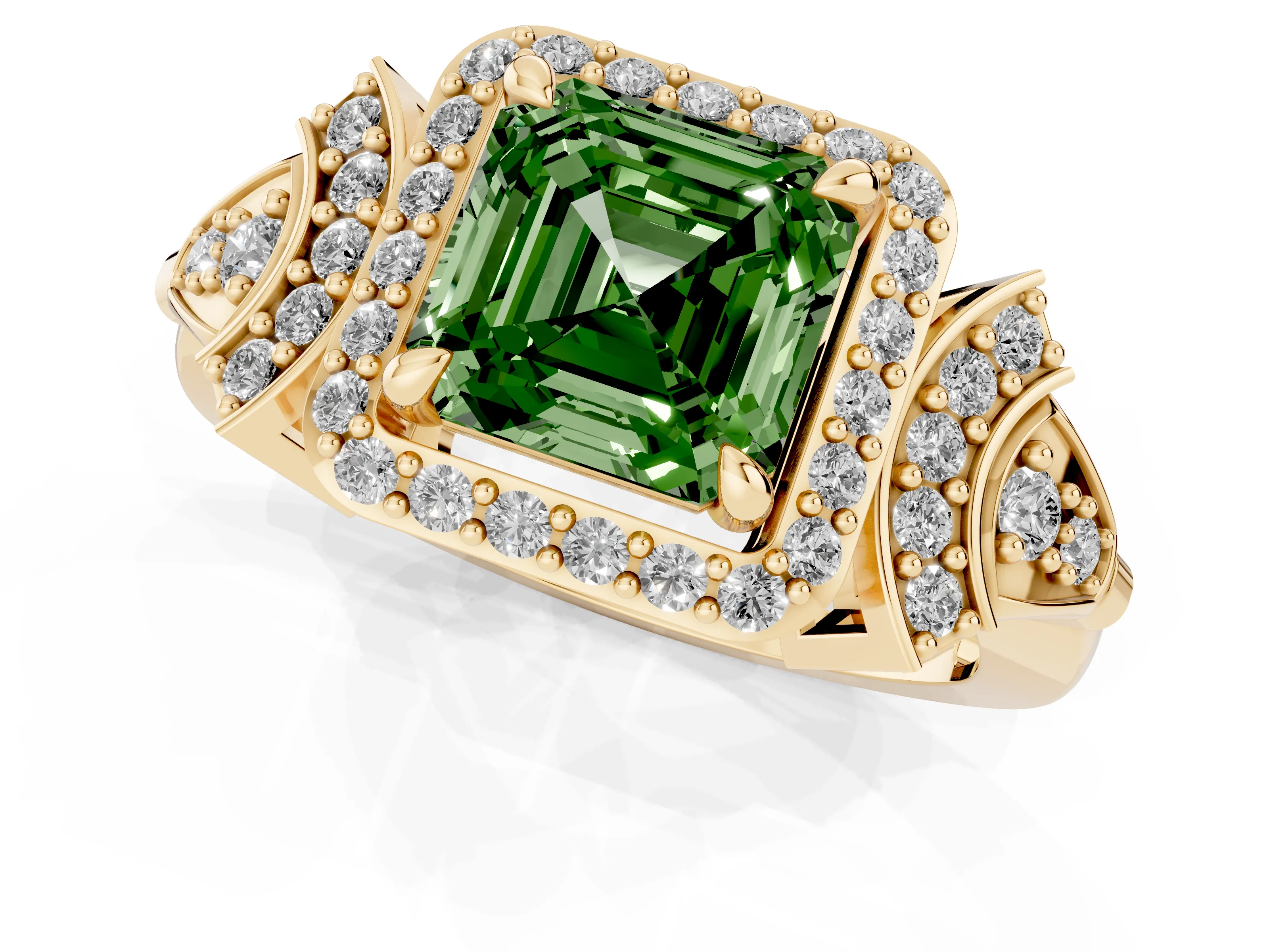 Fancy Green Asscher Cut Diamond Halo Engagement Ring Set in Yellow gold with Accent Stone Split Shank