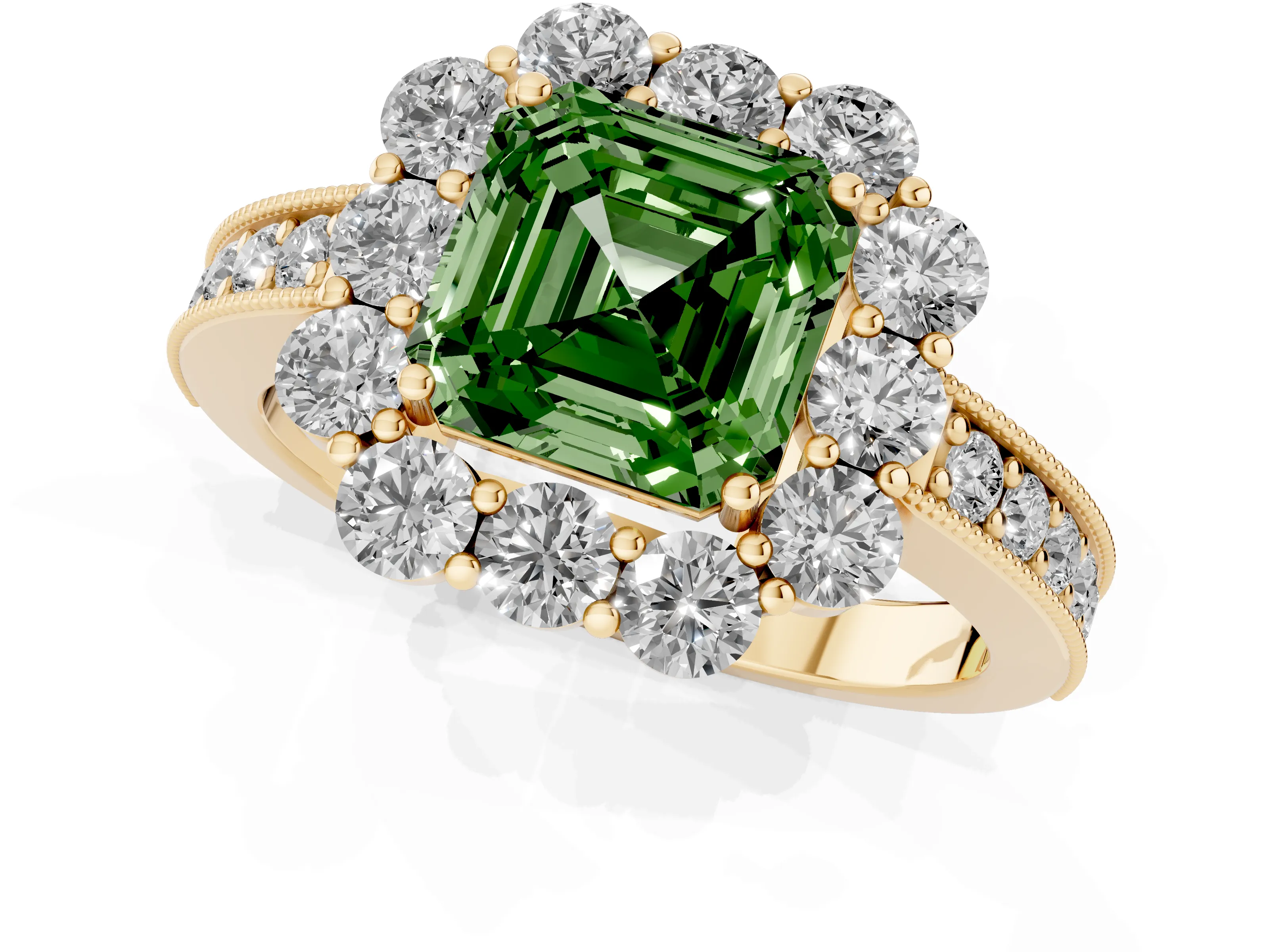 Fancy Green Asscher Cut Diamond Halo Pavé Engagement Ring Set in Yellow gold with Milgrain Detailing