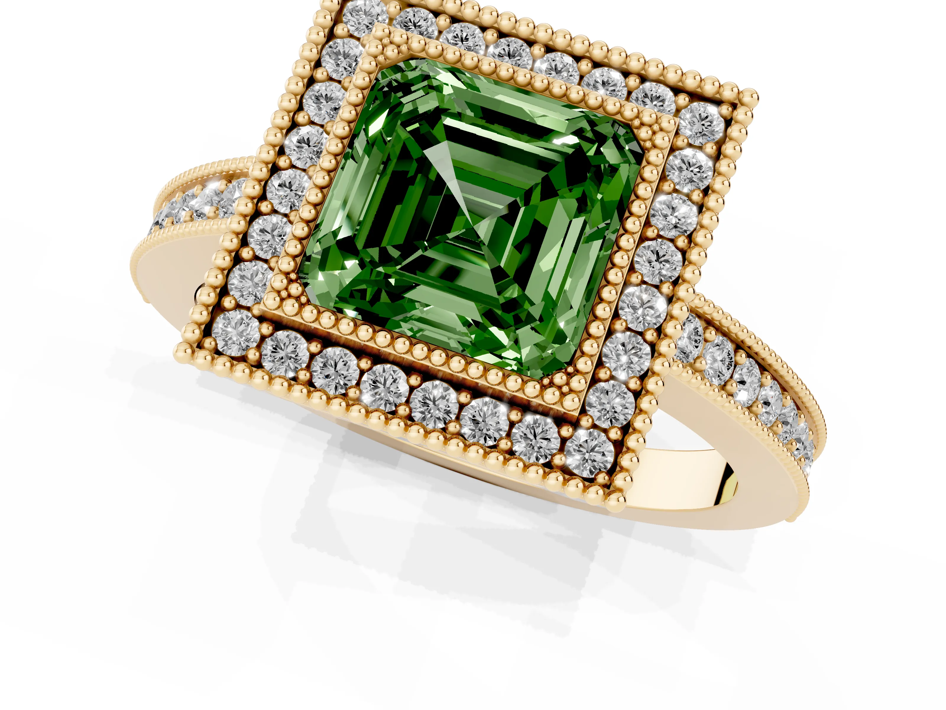 Fancy Green Asscher Cut Diamond Round Halo Ring Set in Yellow gold with Pavé Band