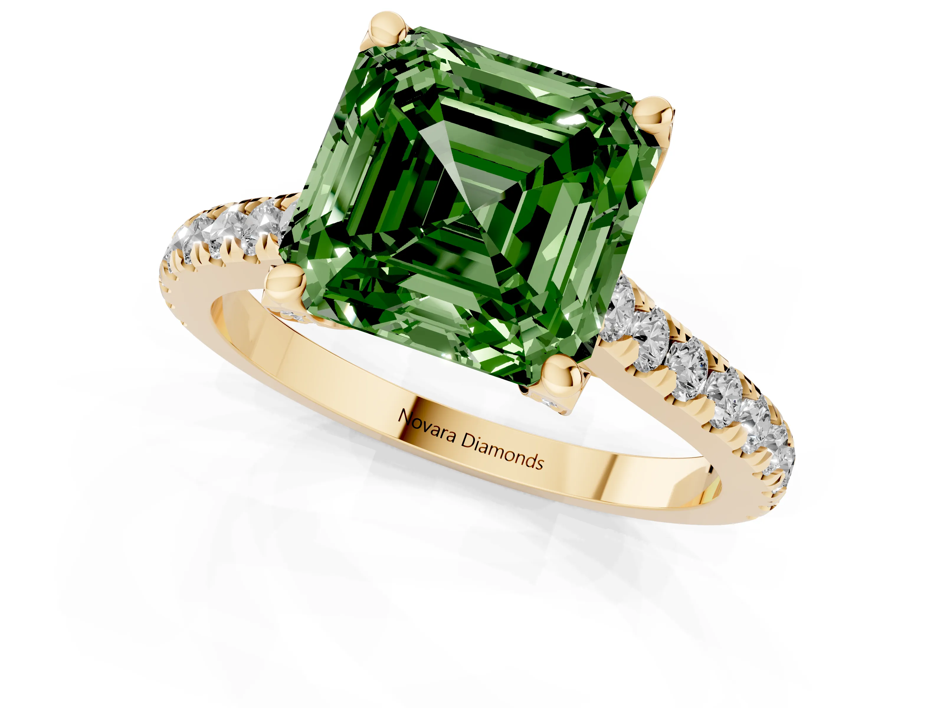 Fancy Green Asscher Cut Diamond Solitaire Ring Set in Yellow gold with Brilliant Pavé Band and Prong Setting