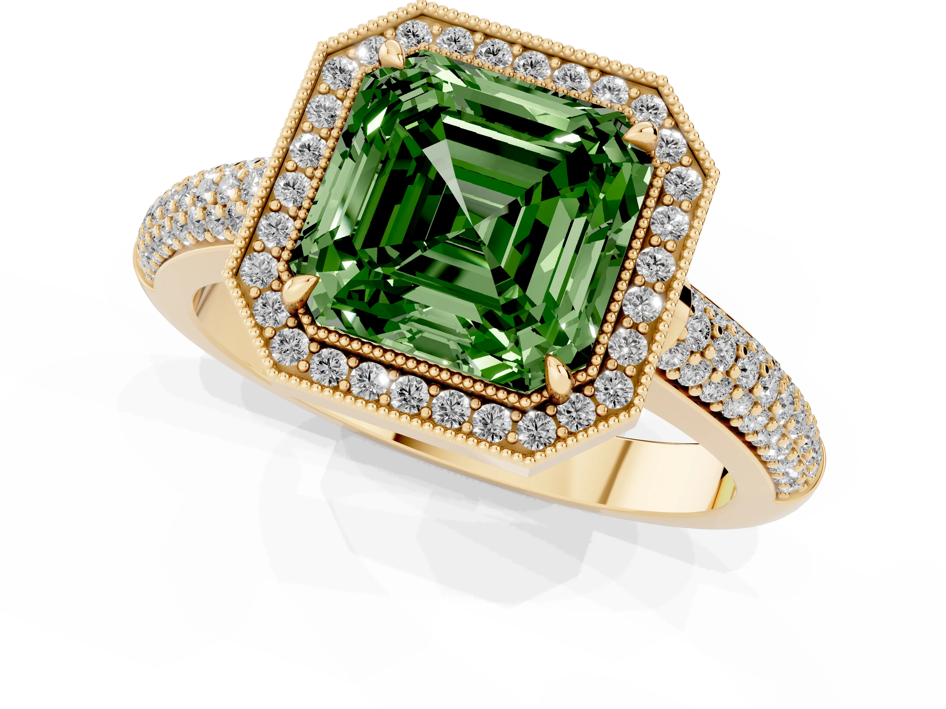 Fancy Green Asscher Cut Diamond Halo Pavé Band Set in Yellow gold with Prong Setting
