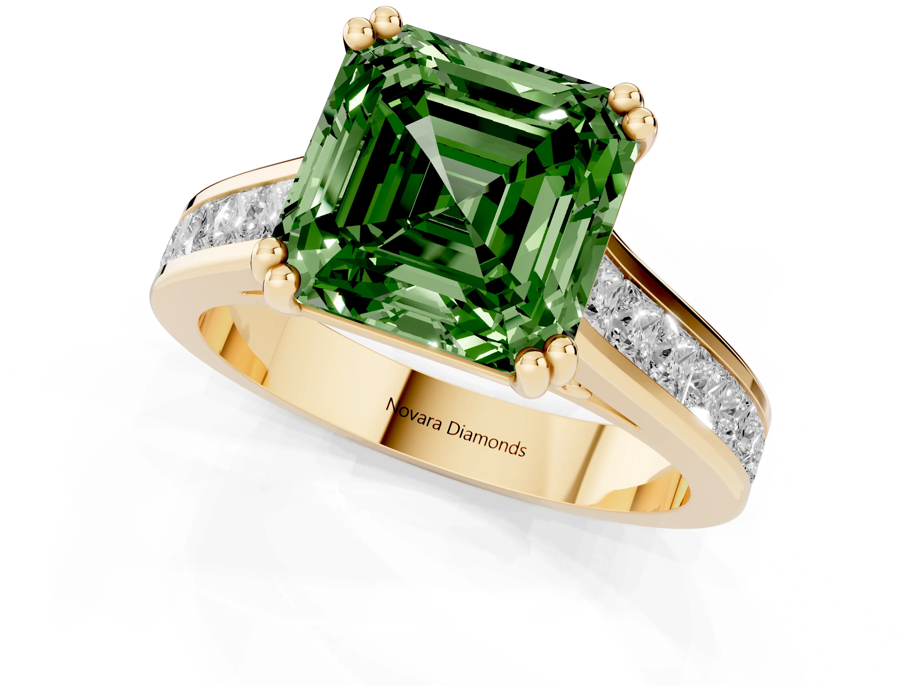 Fancy Green Asscher Cut Diamond Channel Set Solitaire Engagement Ring Set in Yellow gold with Prong Setting