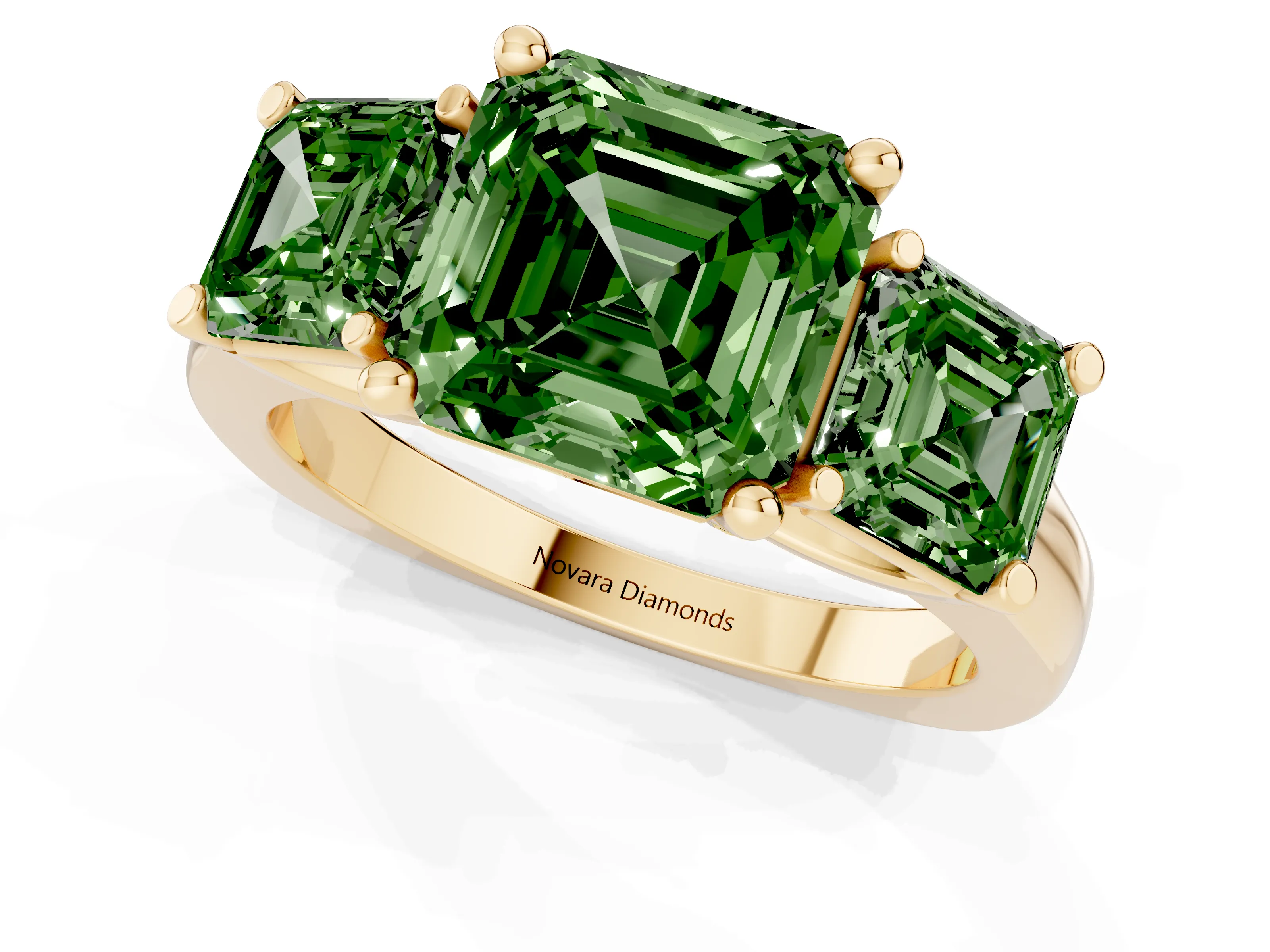Fancy Green Asscher Cut Diamond Three-Stone Trellis Ring Set in Yellow gold with Comfort Fit Band