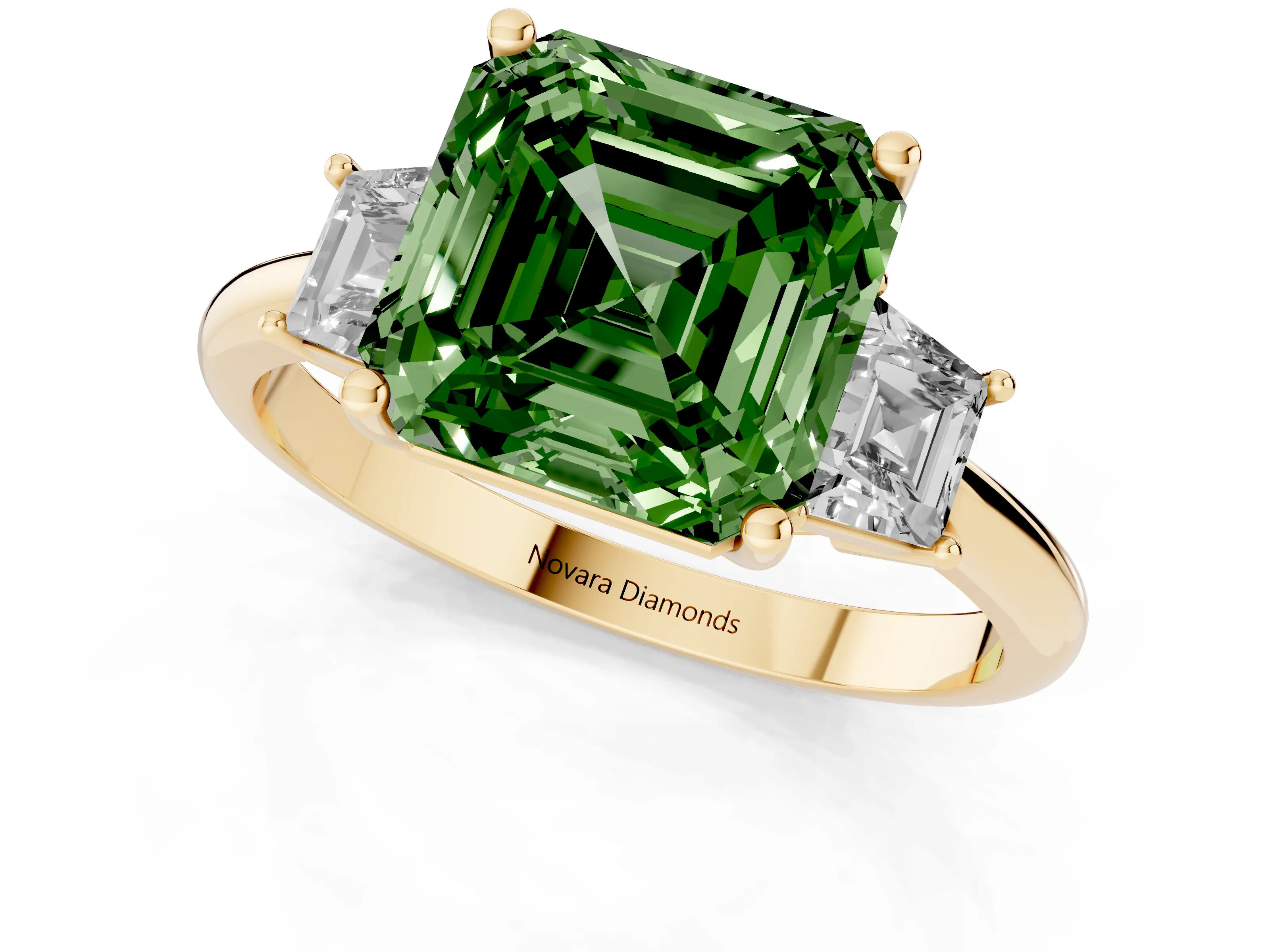 Fancy Green Asscher Cut Diamond Three-Stone Ring Set in Yellow gold with Trapezoid Side Stones and Prong Setting