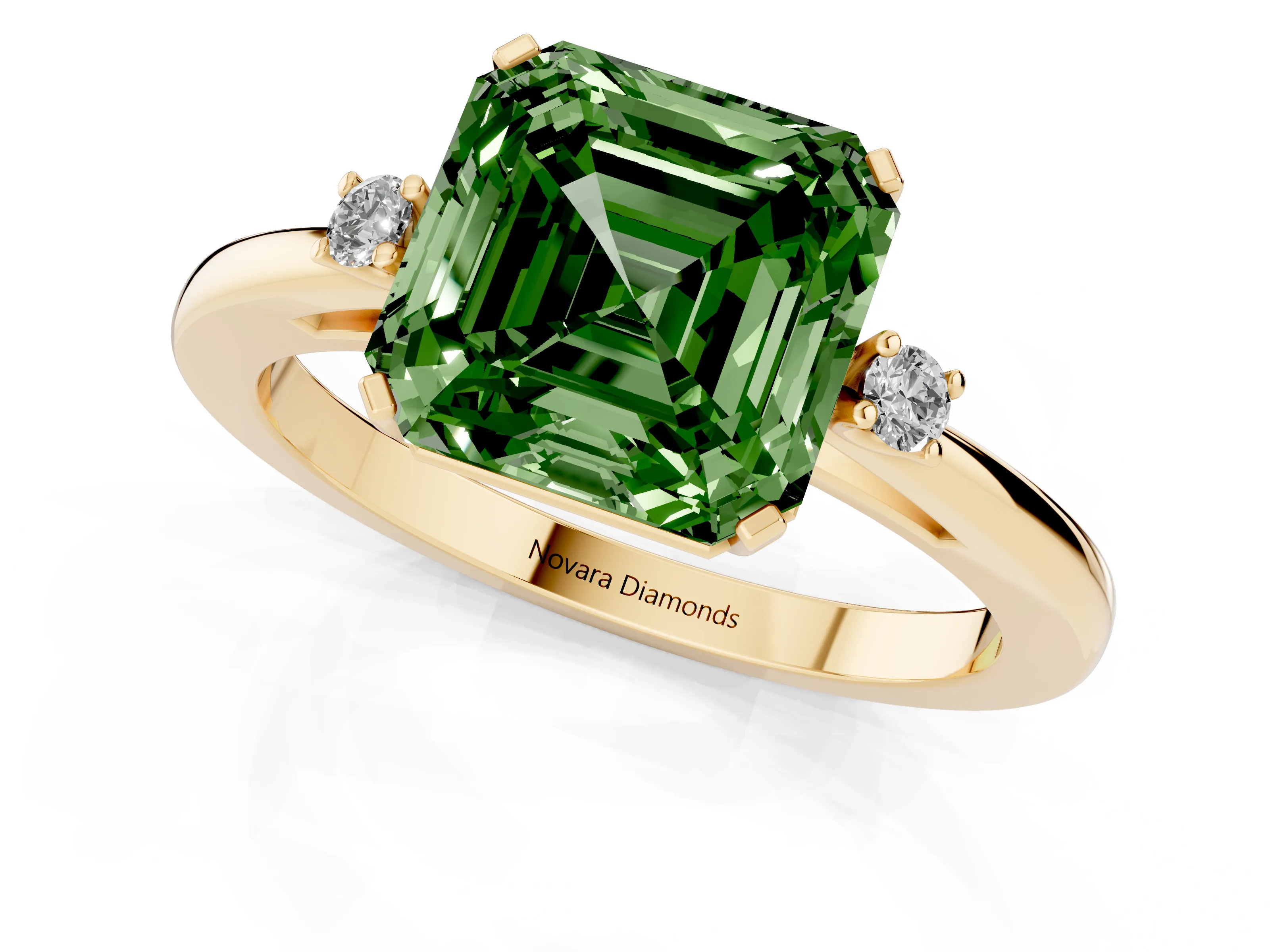 Fancy Green Three-Stone Asscher Cut Diamond Solitaire Ring Set in Yellow gold with Round Accent Stones and Prong Setting
