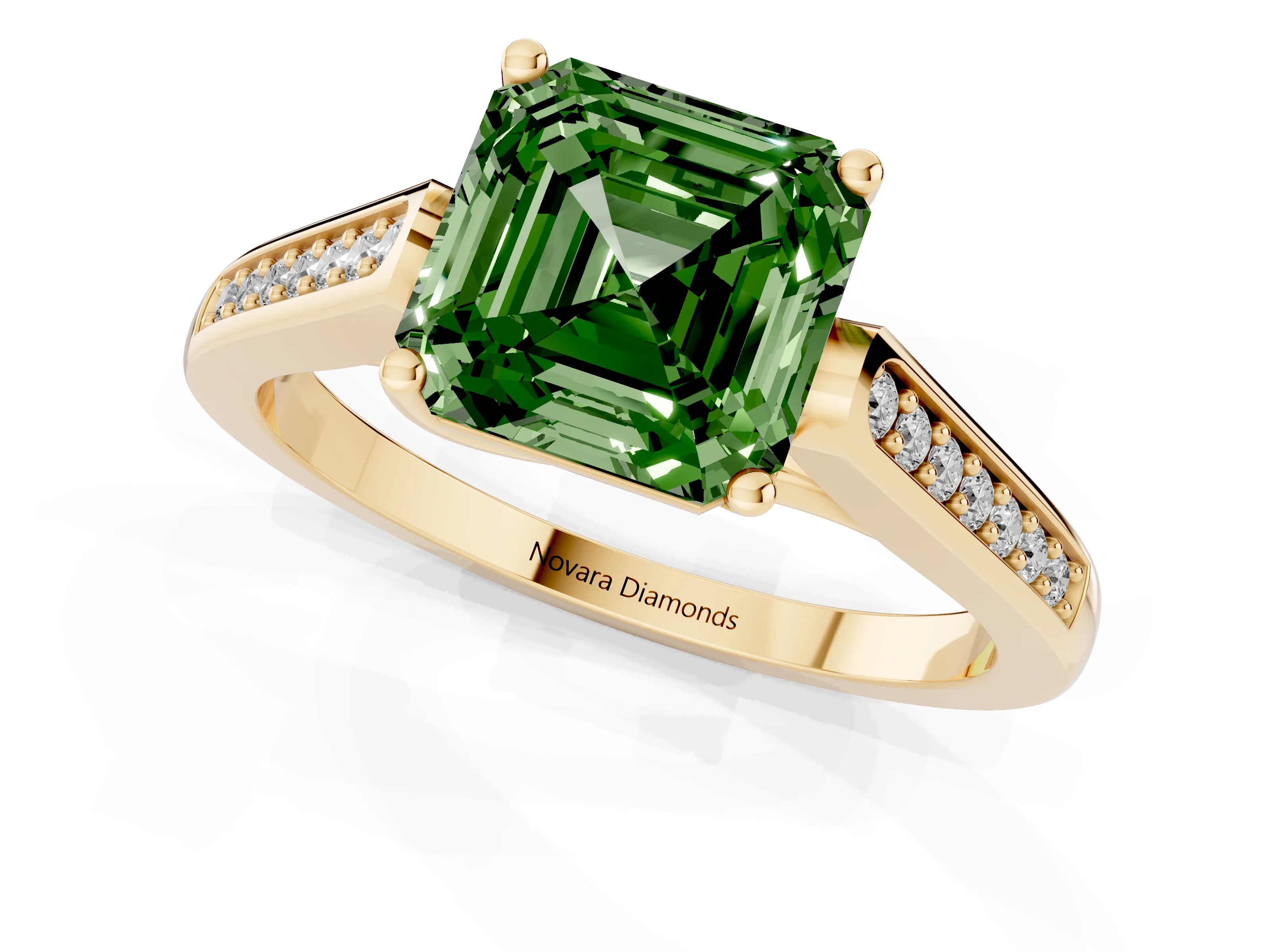 Fancy Green Asscher Cut Diamond Solitaire Cathedral Engagement Ring Set in Yellow gold with Channel-Set Band and Prong Setting
