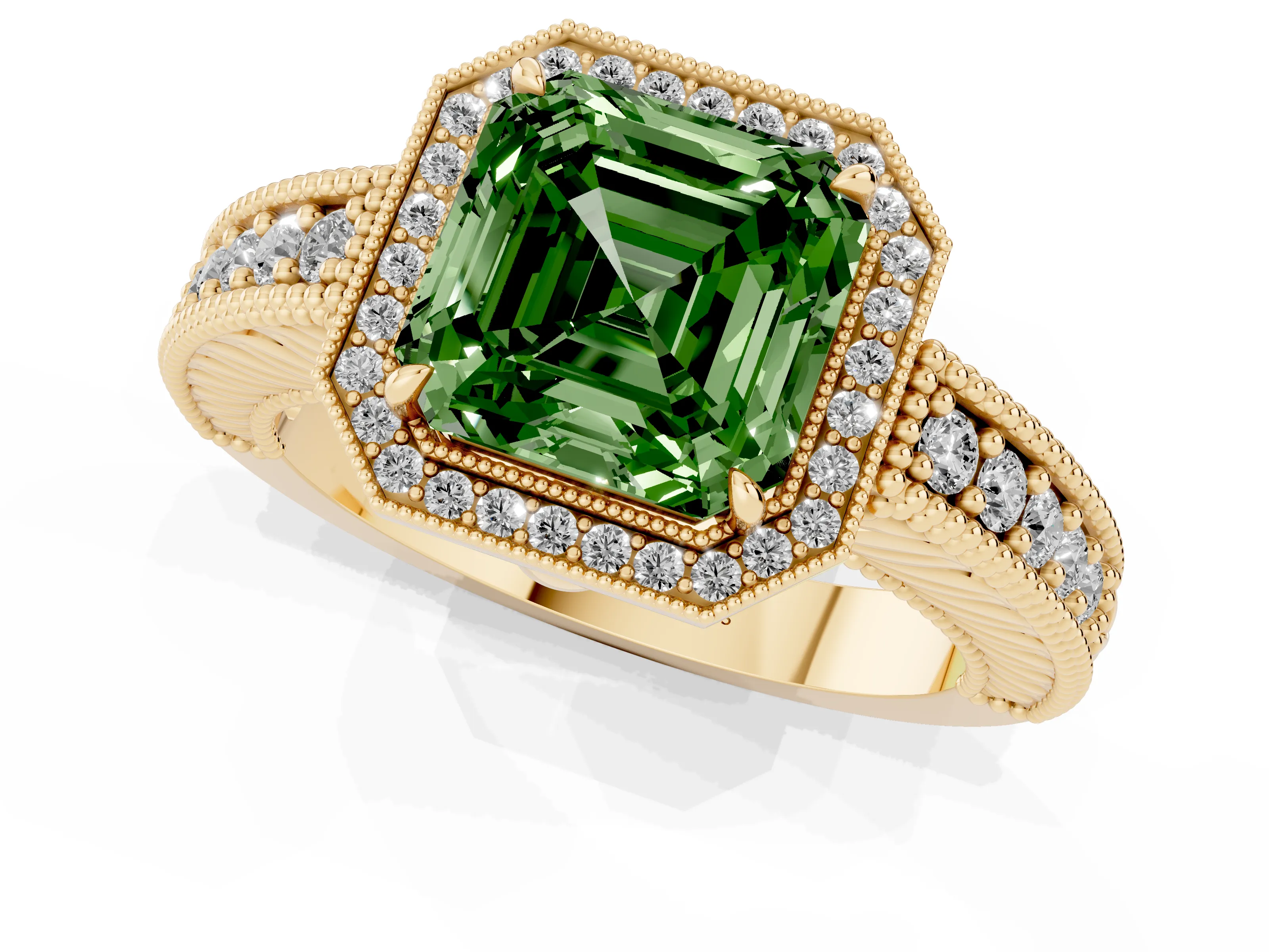 Fancy Green Asscher Cut Diamond Halo Ring Set in Yellow gold with Round Accent Halo, Pavé Band and Prong Setting