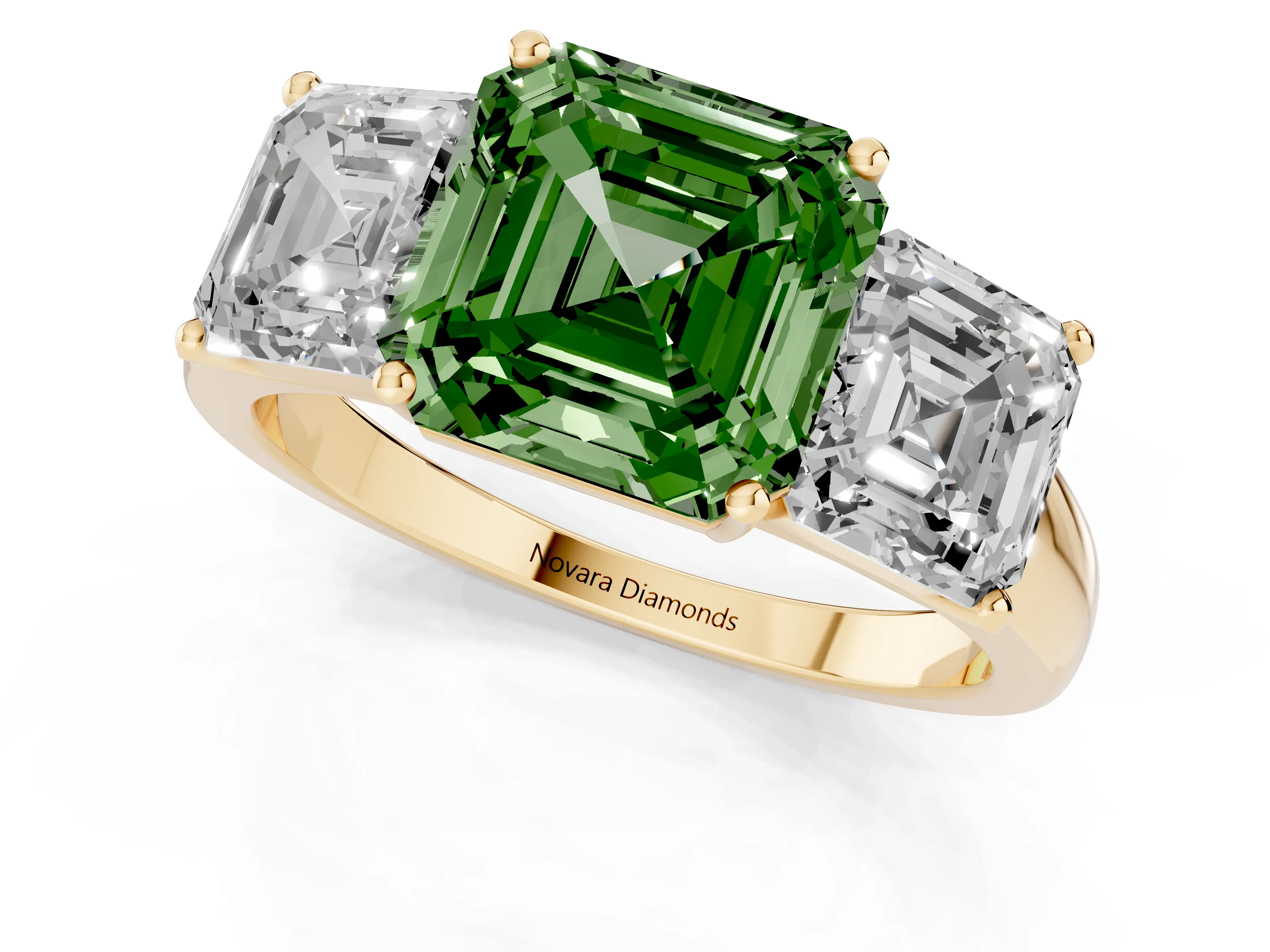 Fancy Green Asscher Cut Diamond Three-Stone Ring Set in Yellow gold with Classic Prong Setting and Plain Band