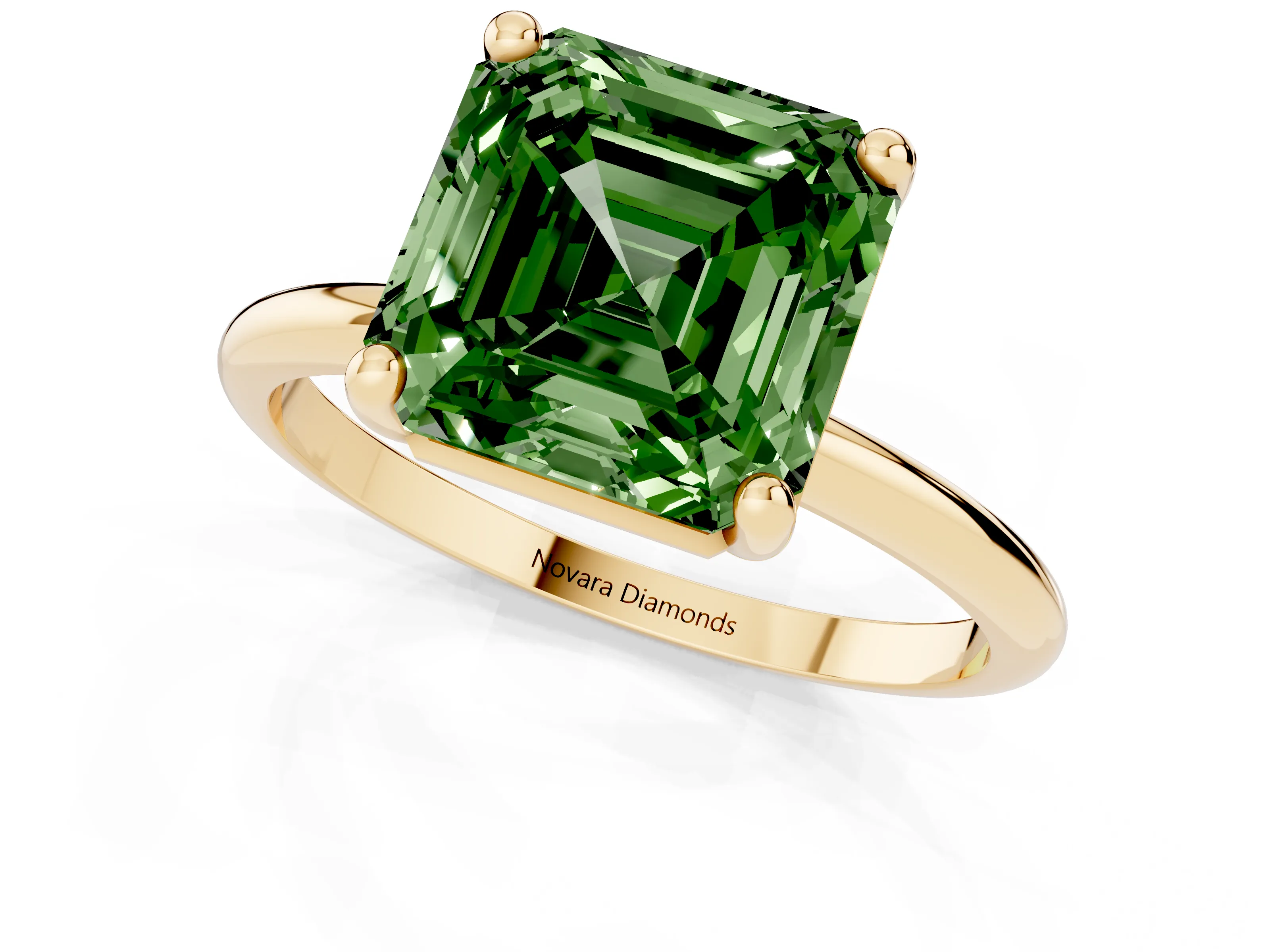 Fancy Green Asscher Cut Diamond Solitaire Ring Set in Yellow gold with Secure Prong Setting on a Classic Band